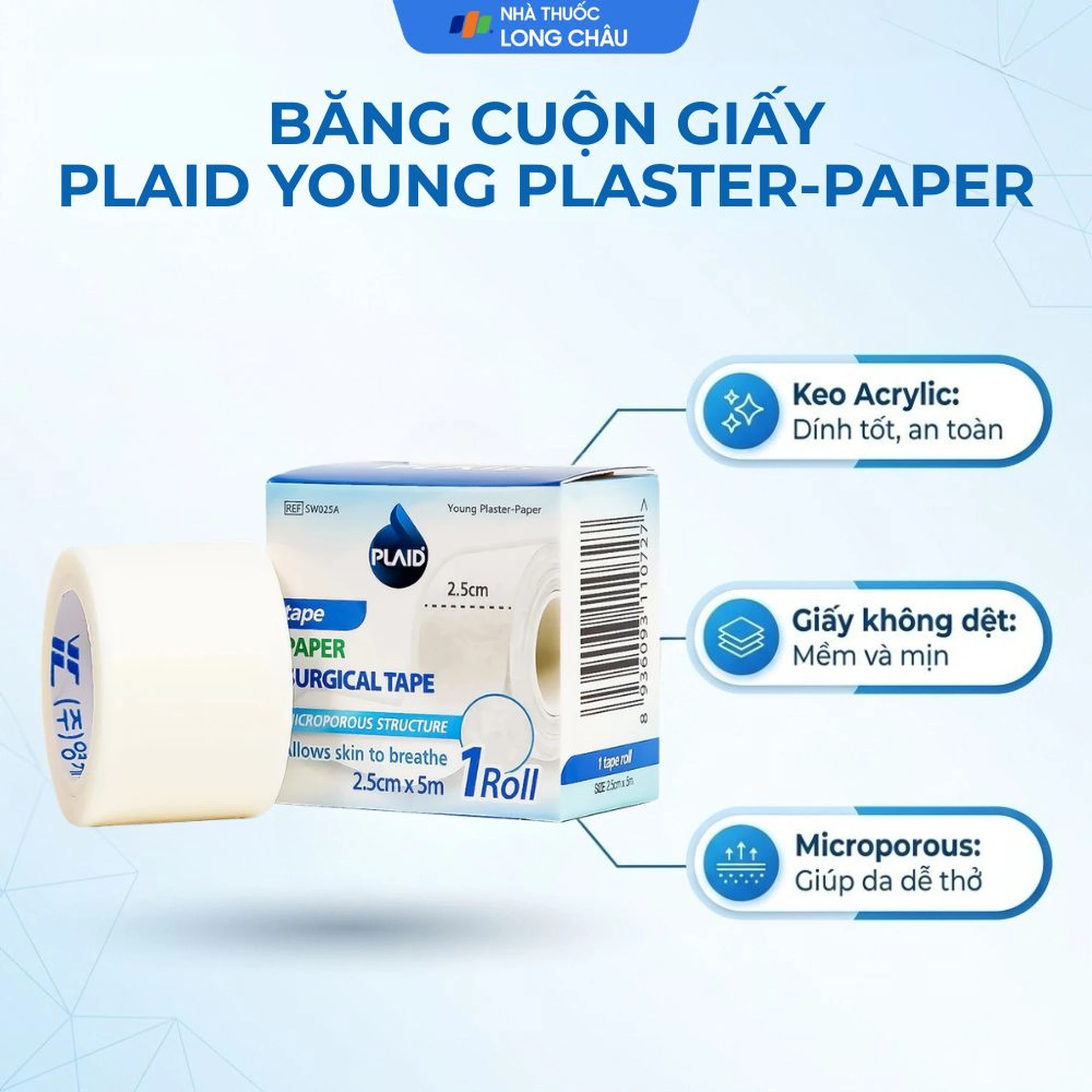 Băng cuộn giấy Plaid Young Plaster-Paper 2.5cmx5m giúp cố định băng gạc và dụng cụ y tế Young chemical 2