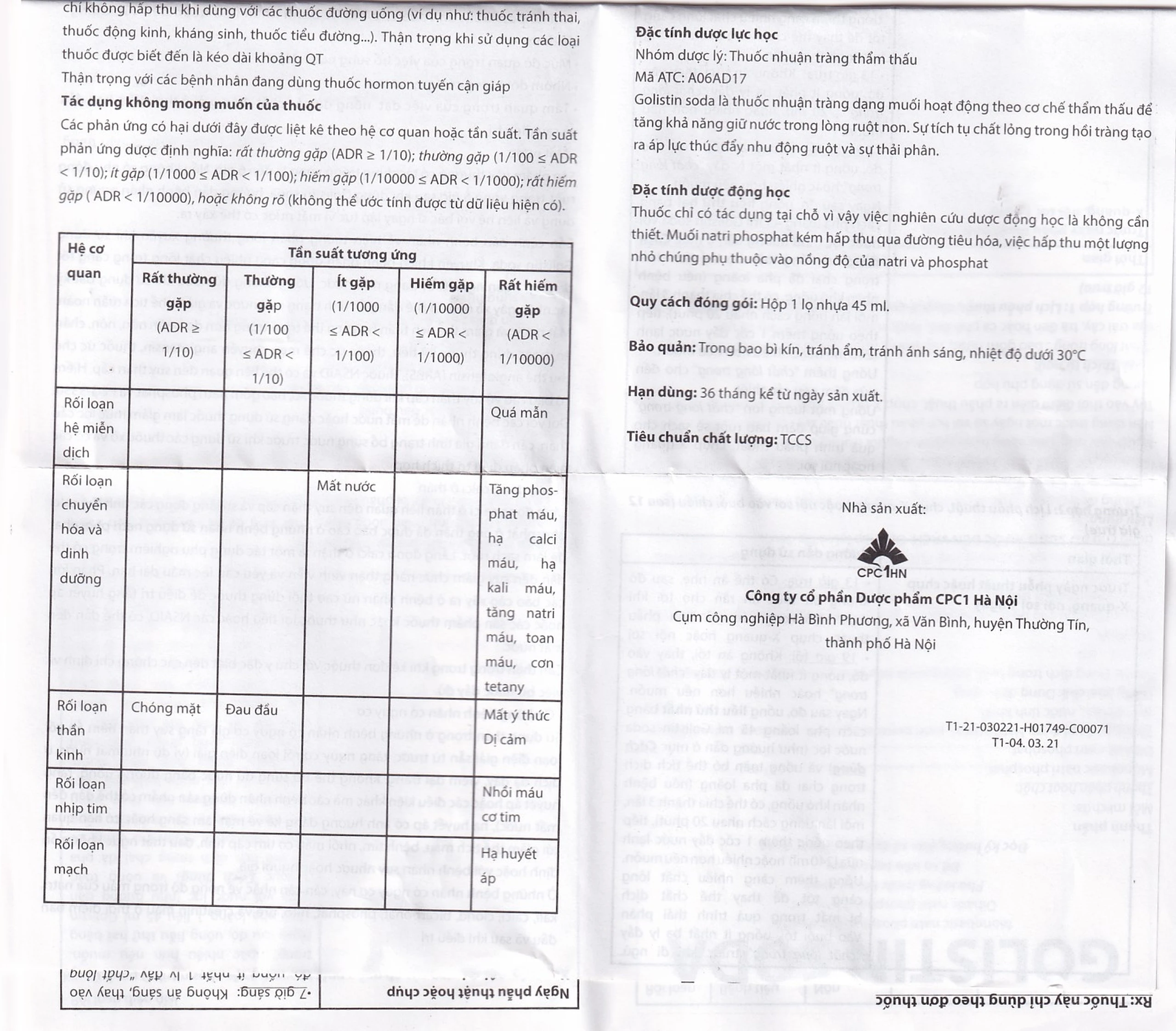 Dung dịch Golistin-Soda CPC1 làm sạch phân trước khi phẫu thuật, chụp X-quang, nội soi (45ml)