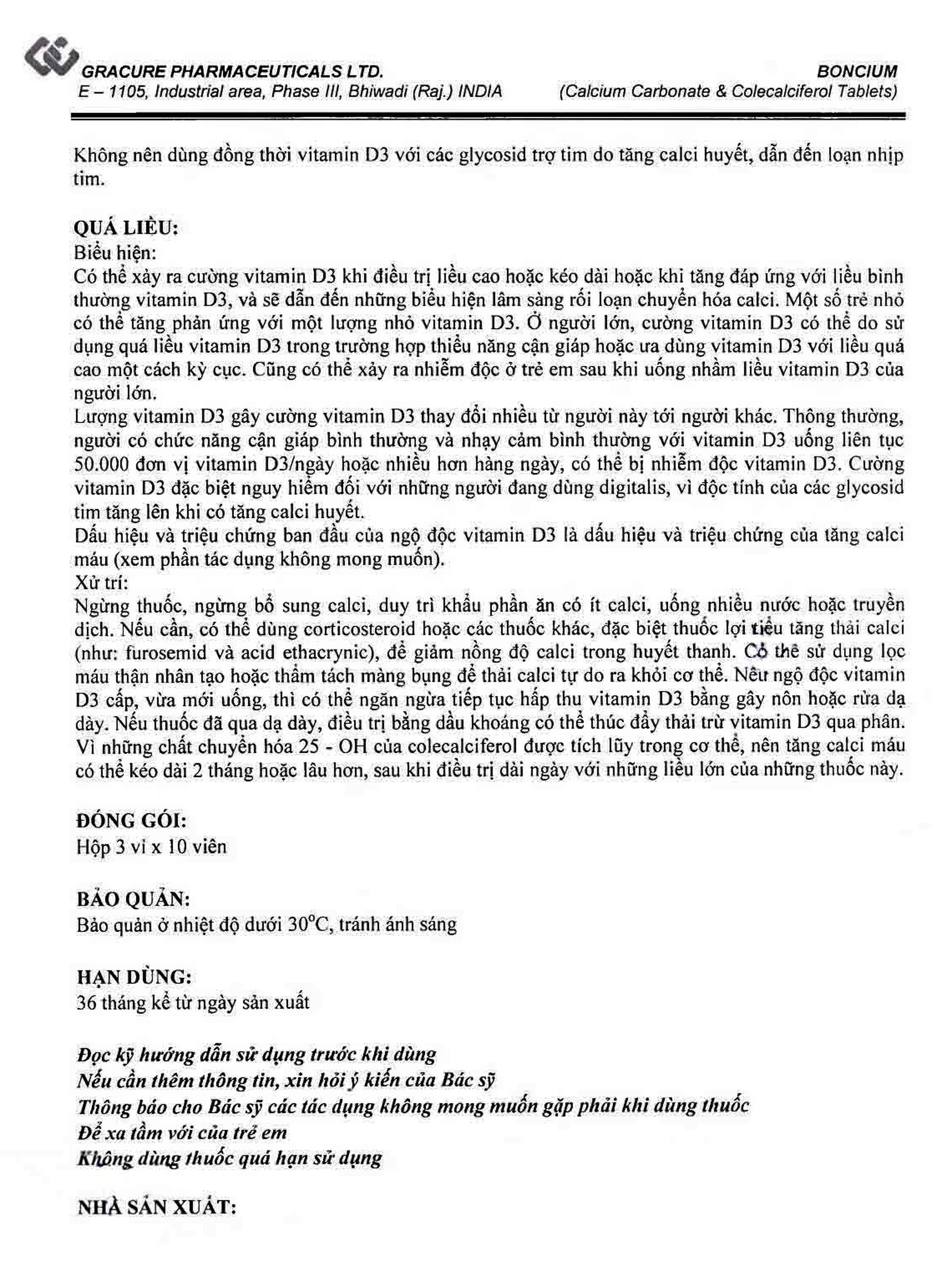 Thuốc Boncium Gracure phòng và điều trị thiếu Canxi và Vitamin D3 (3 vỉ x 10 viên)