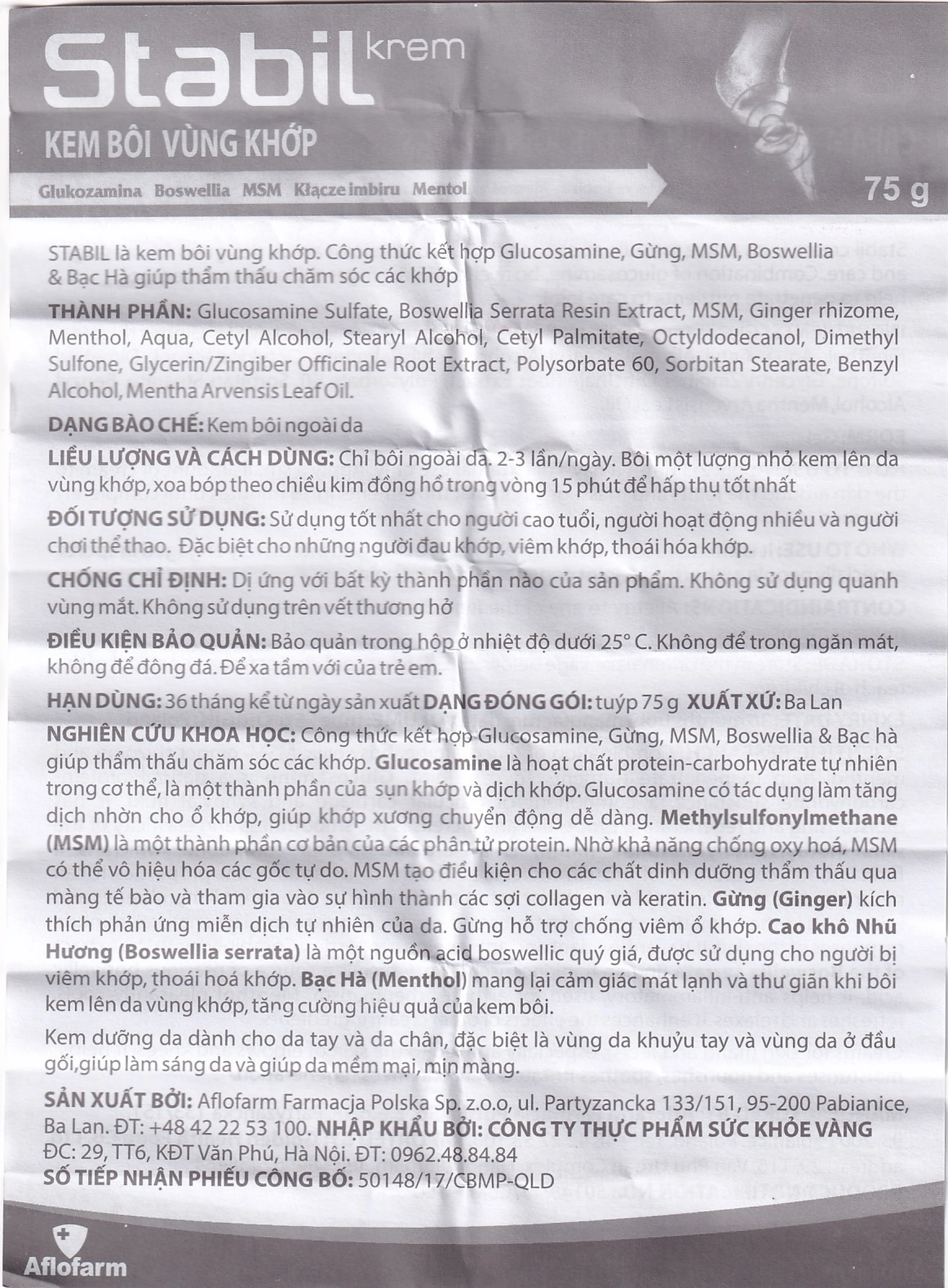 Kem bôi Stabil Krem Aflofarm vùng khớp giảm đau, kháng viêm (75g)