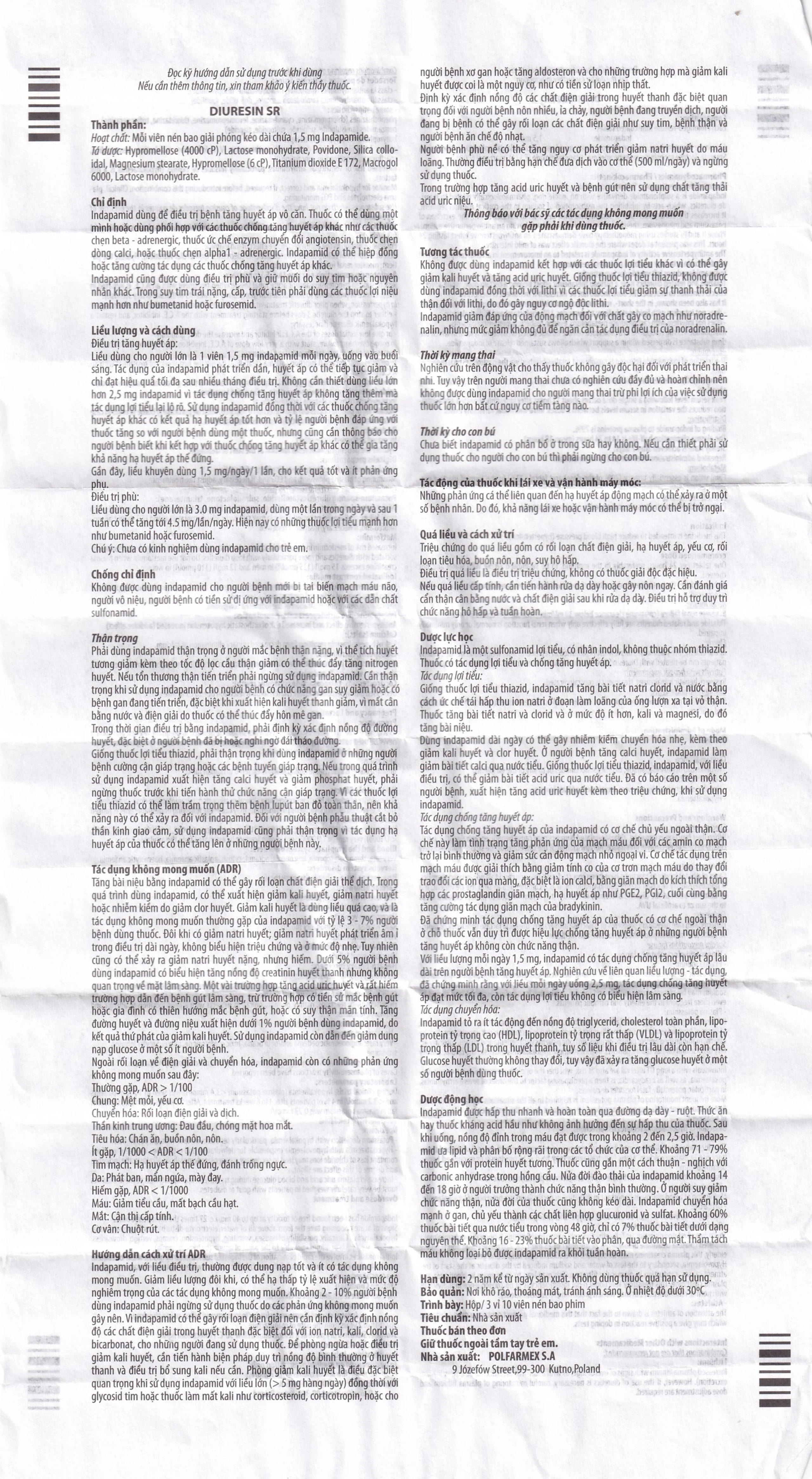 Thuốc Diuresin SR 1.5mg Polfarmex điều trị tăng huyết áp (3 vỉ x 10 viên)