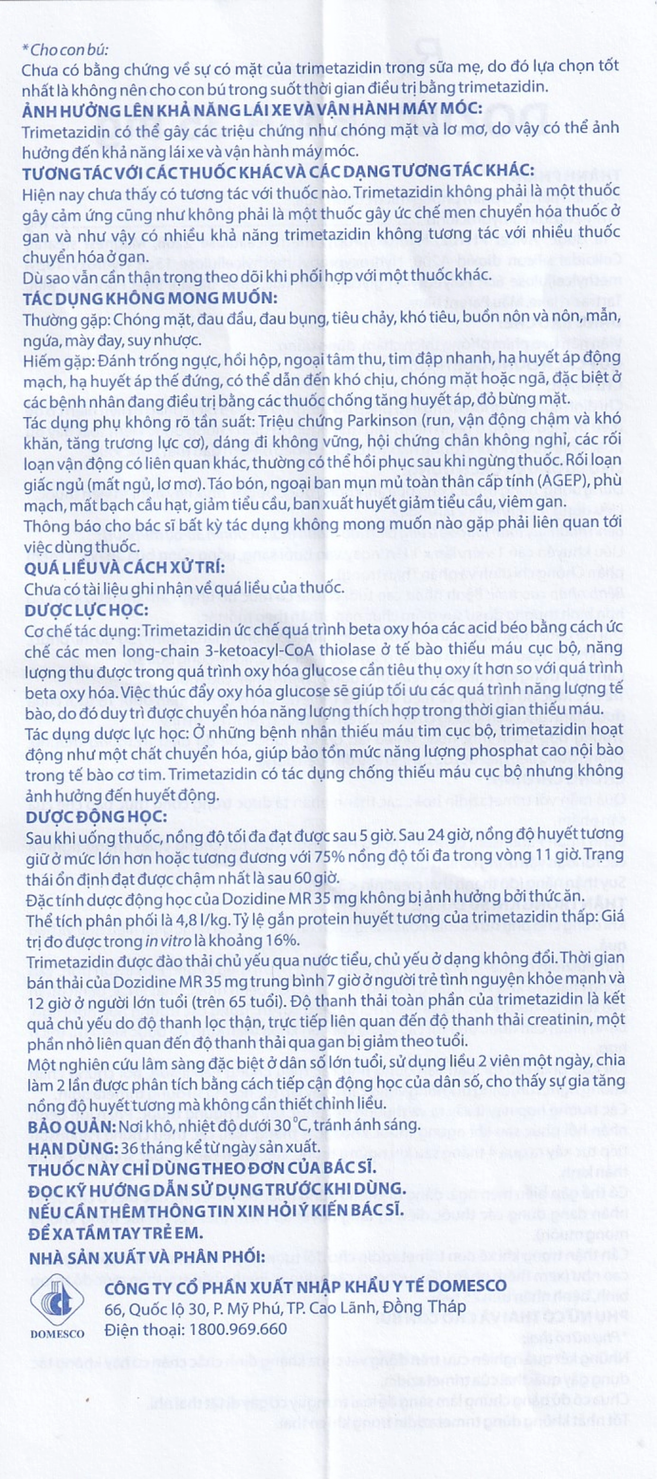 Thuốc Dozidine MR 35mg Domesco điều trị triệu chứng đau thắt ngực ổn định (6 vỉ x 10 viên)