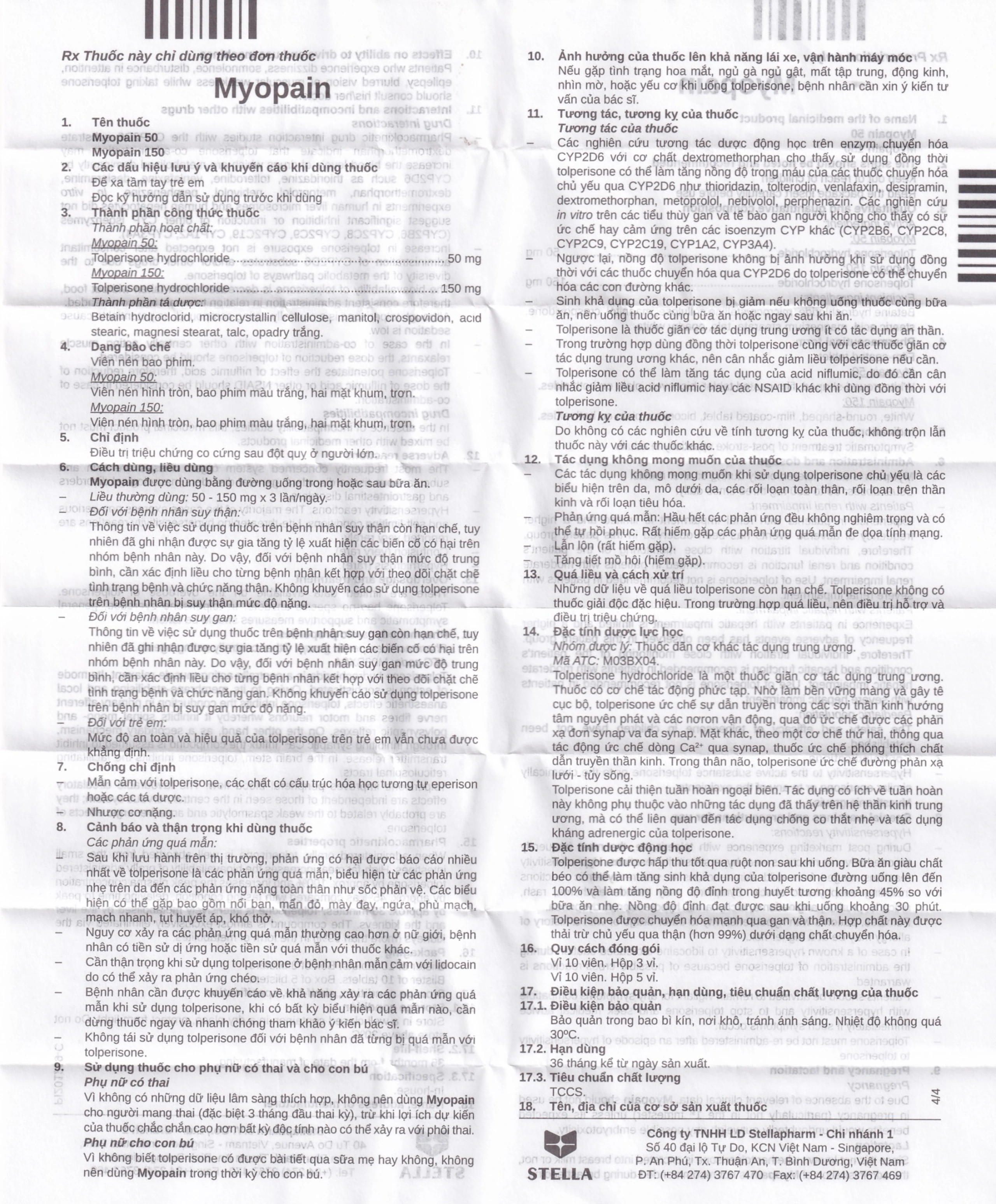 Thuốc Myopain 50 Stella điều trị chứng co cứng cơ sau đột quỵ (5 vỉ x 10 viên)