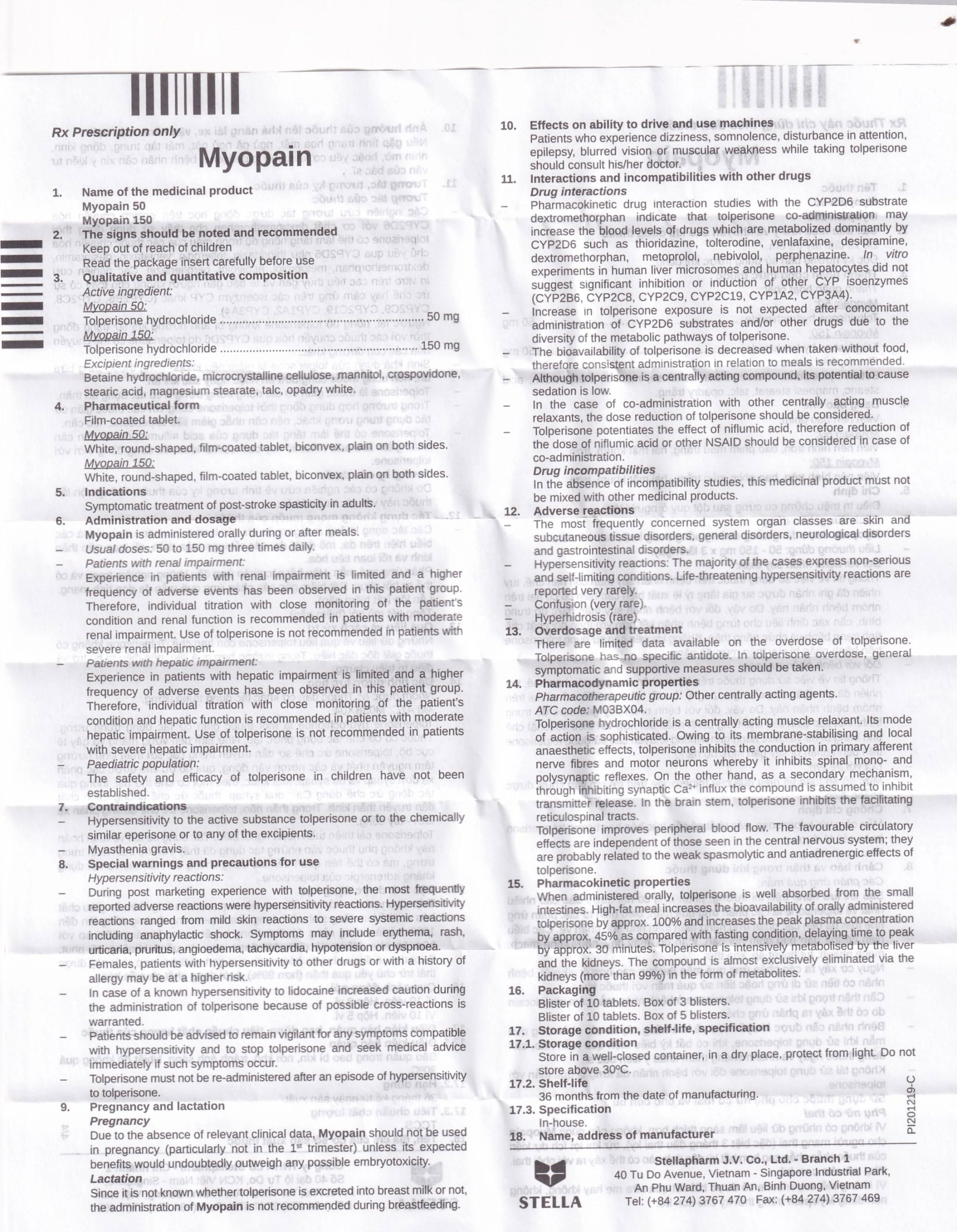 Thuốc Myopain 50 Stella điều trị chứng co cứng cơ sau đột quỵ (5 vỉ x 10 viên)