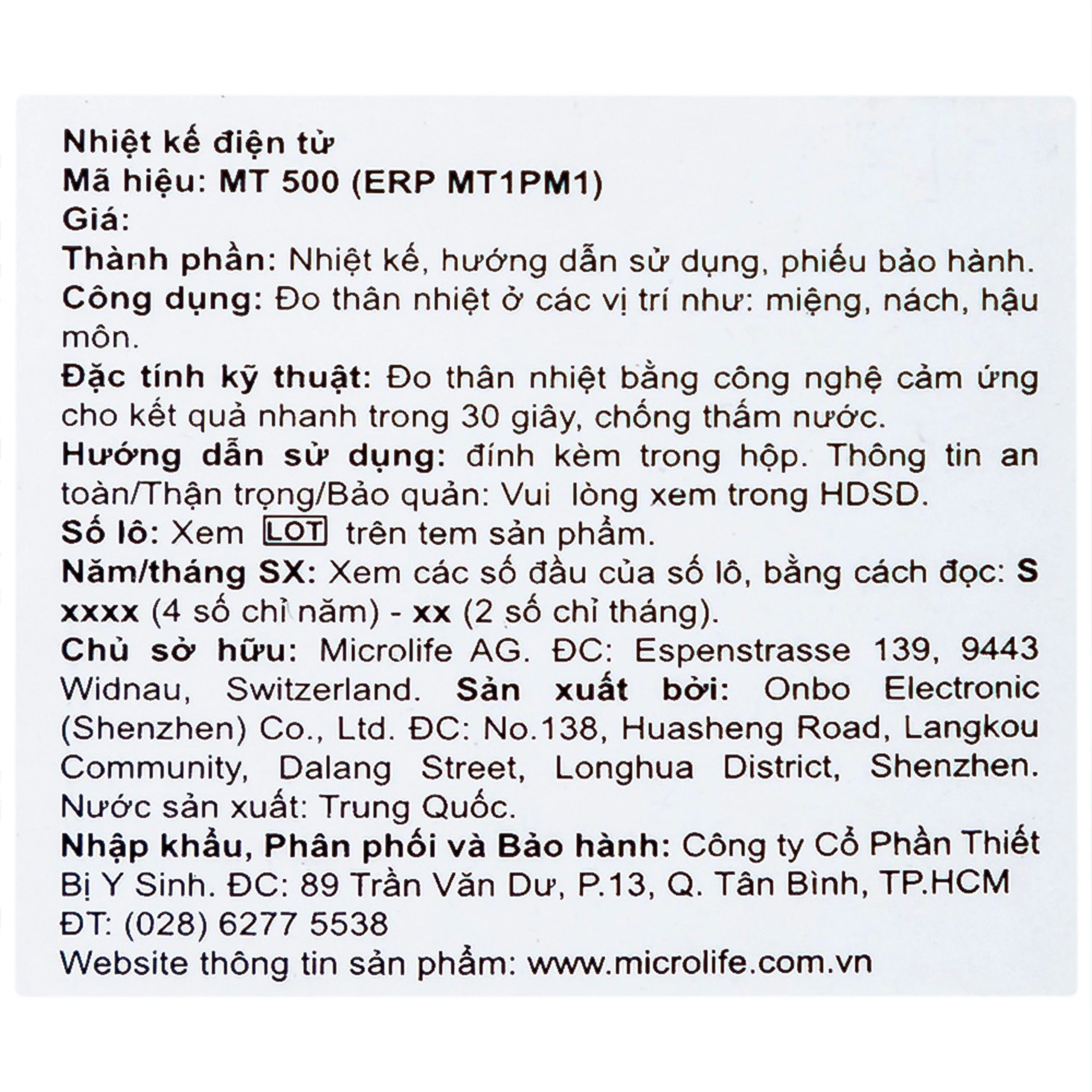 Nhiệt kế điện tử đo thân nhiệt Microlife MT500