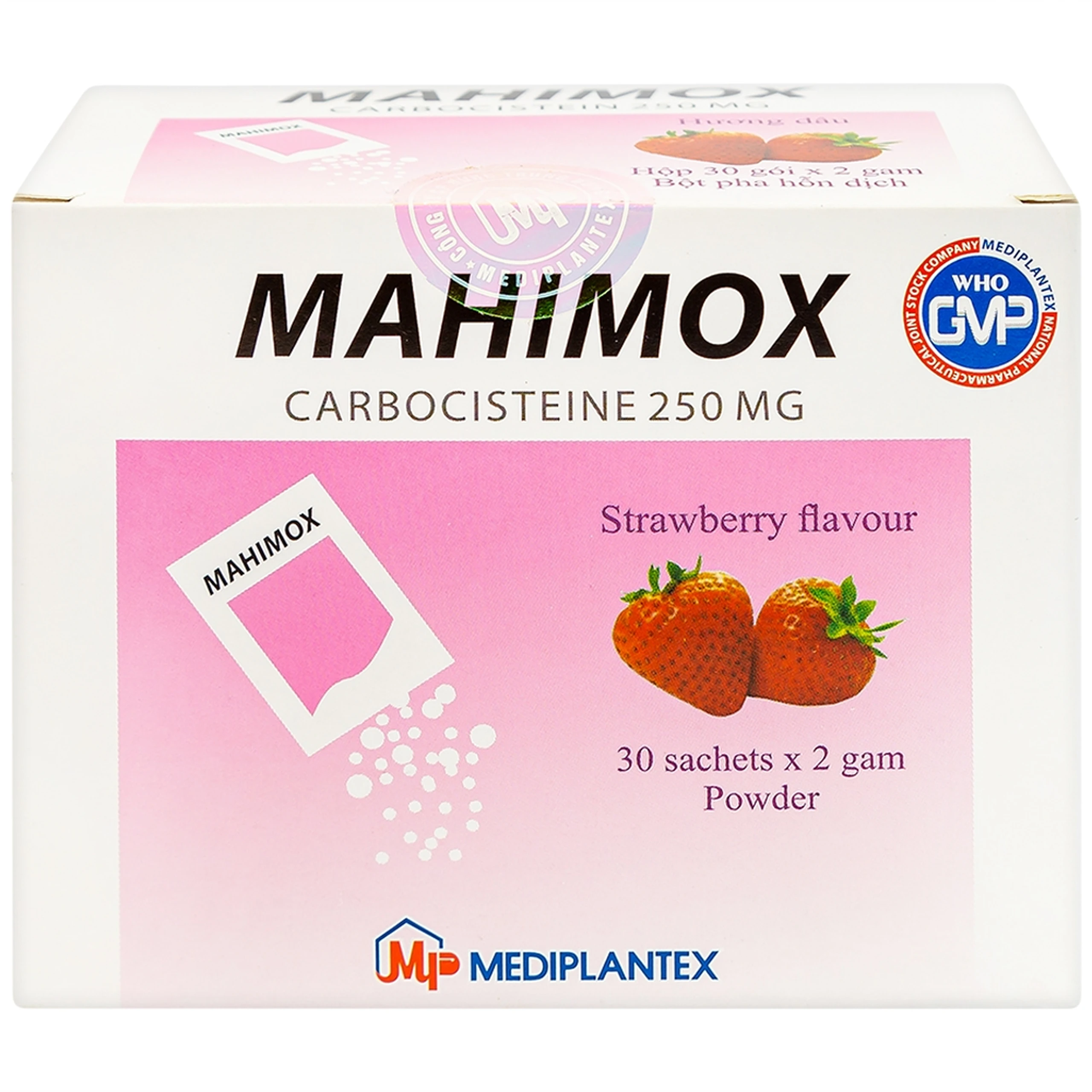 Bột pha hỗn dịch Mahimox 250mg hương dâu điều trị hỗ trợ các rối loạn đường hô hấp (30 gói x 2g)