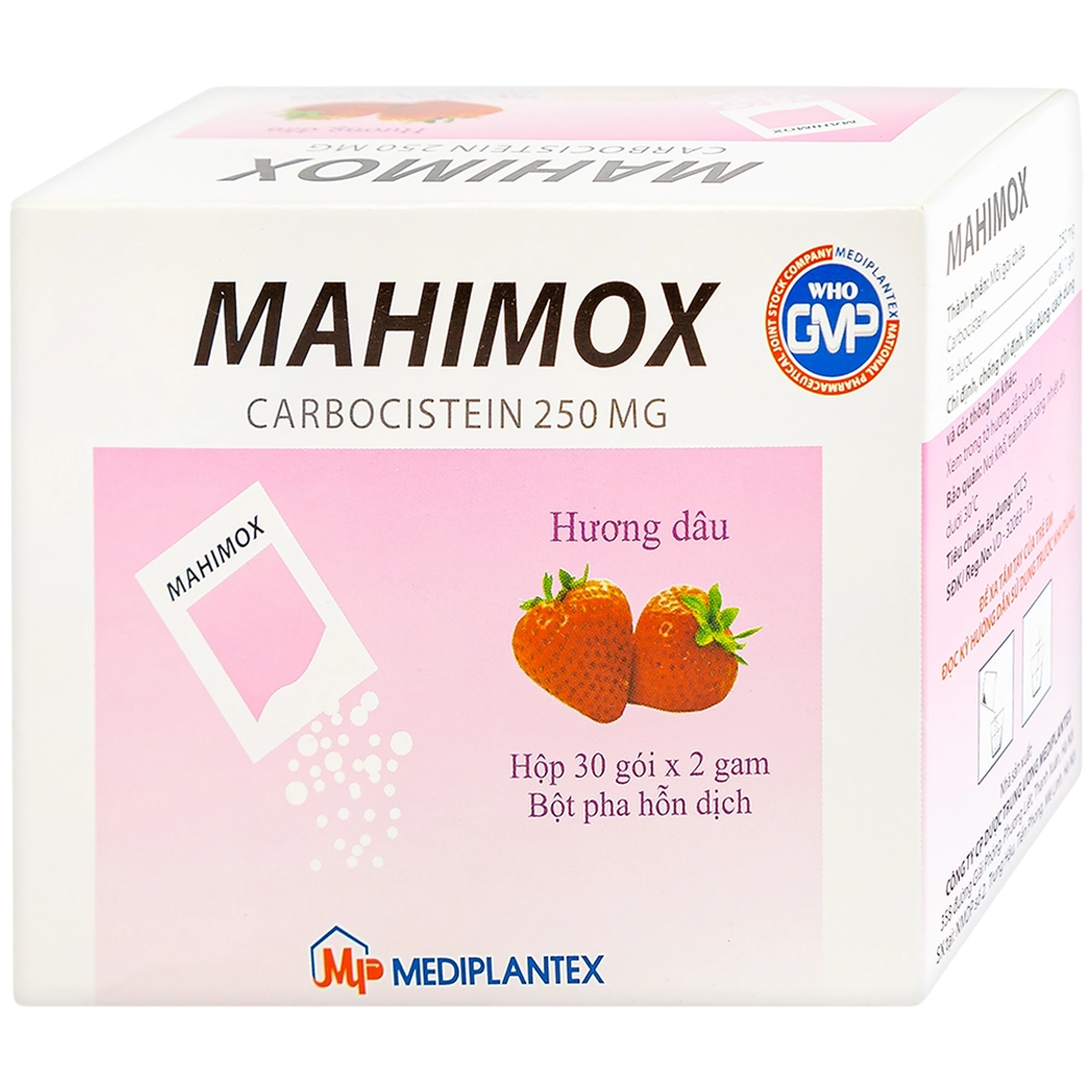 Bột pha hỗn dịch Mahimox 250mg hương dâu điều trị hỗ trợ các rối loạn đường hô hấp (30 gói x 2g)
