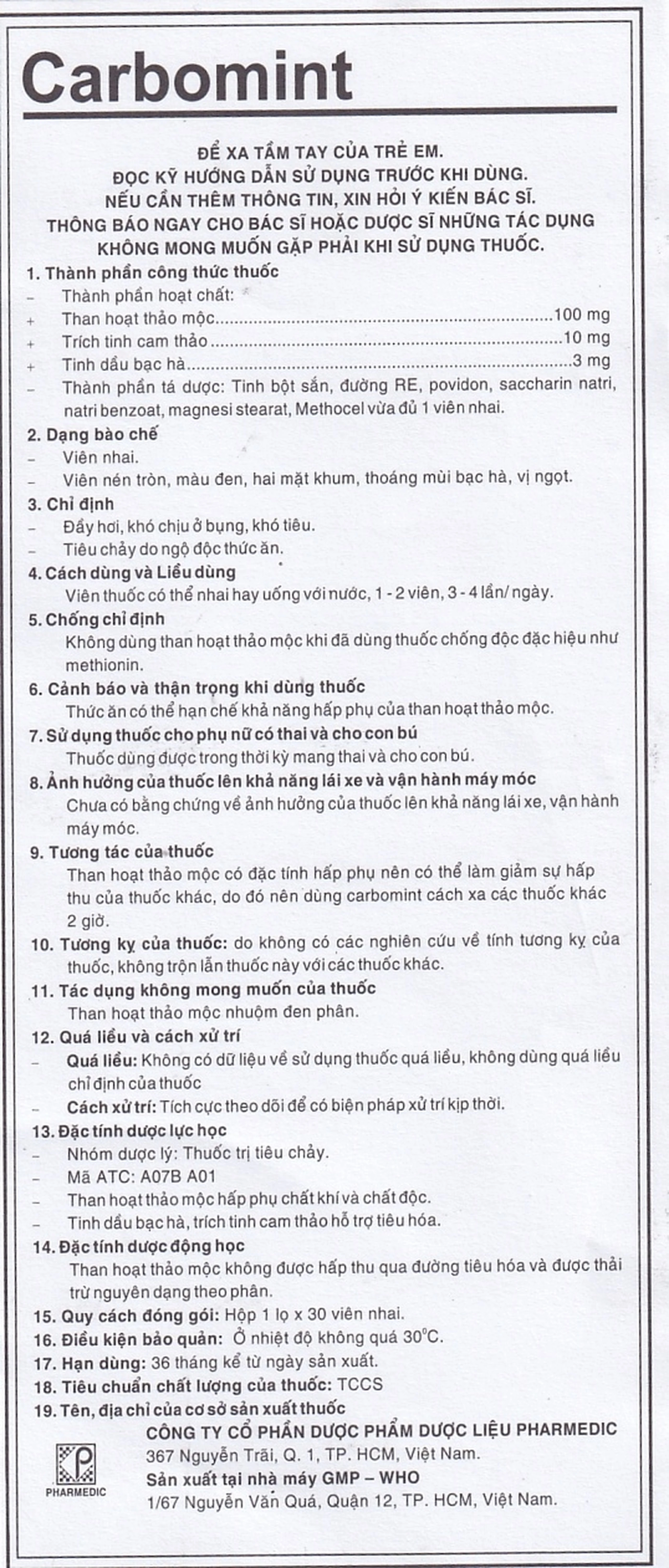 Thuốc Carbomint Pharmedic điều trị đầy hơi, khó tiêu (30 viên)