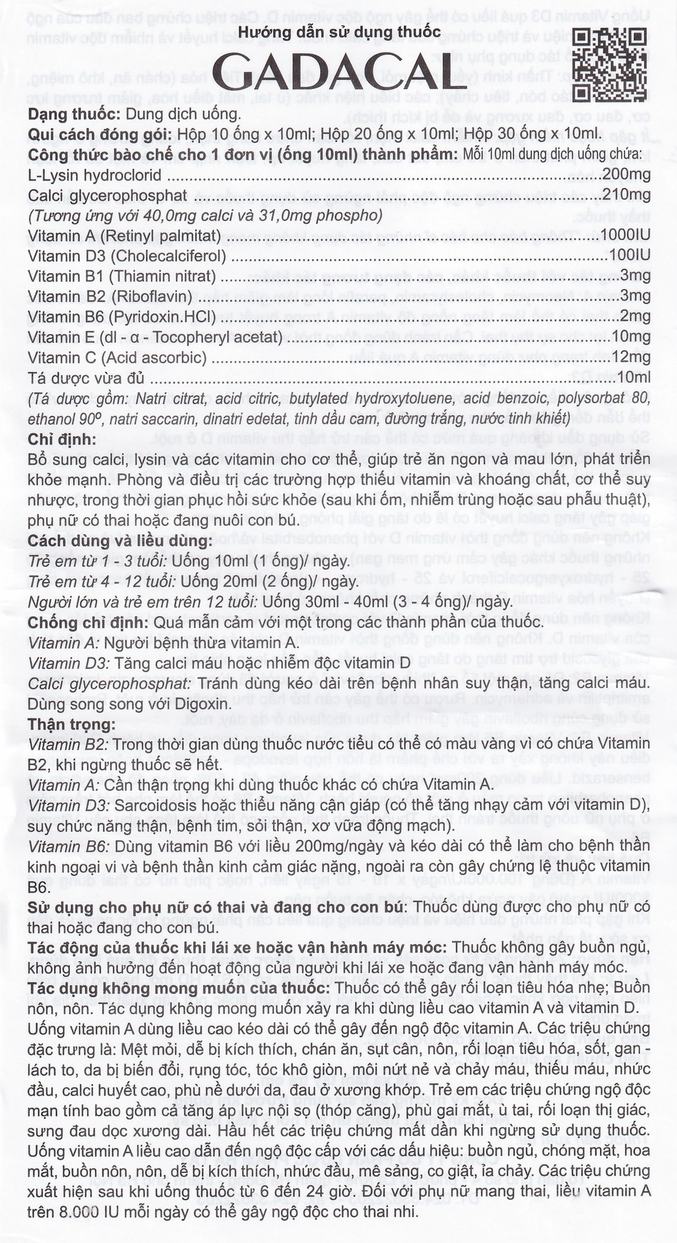 Dung dịch uống Gadacal Hà Tây bổ sung Calci, Lysin và các Vitamin (20 ống x 10ml)