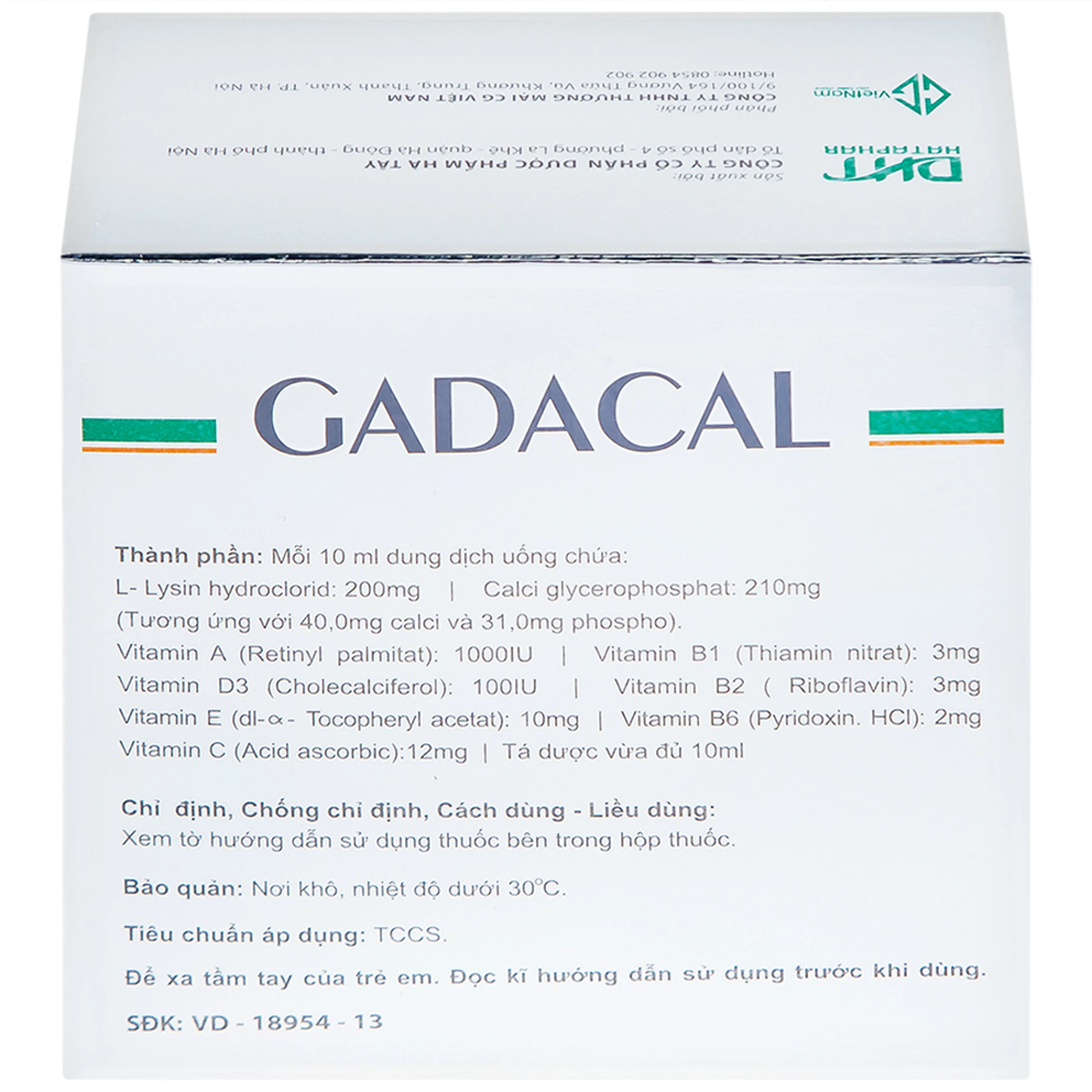 Dung dịch uống Gadacal Hà Tây bổ sung Calci, Lysin và các Vitamin (20 ống x 10ml)