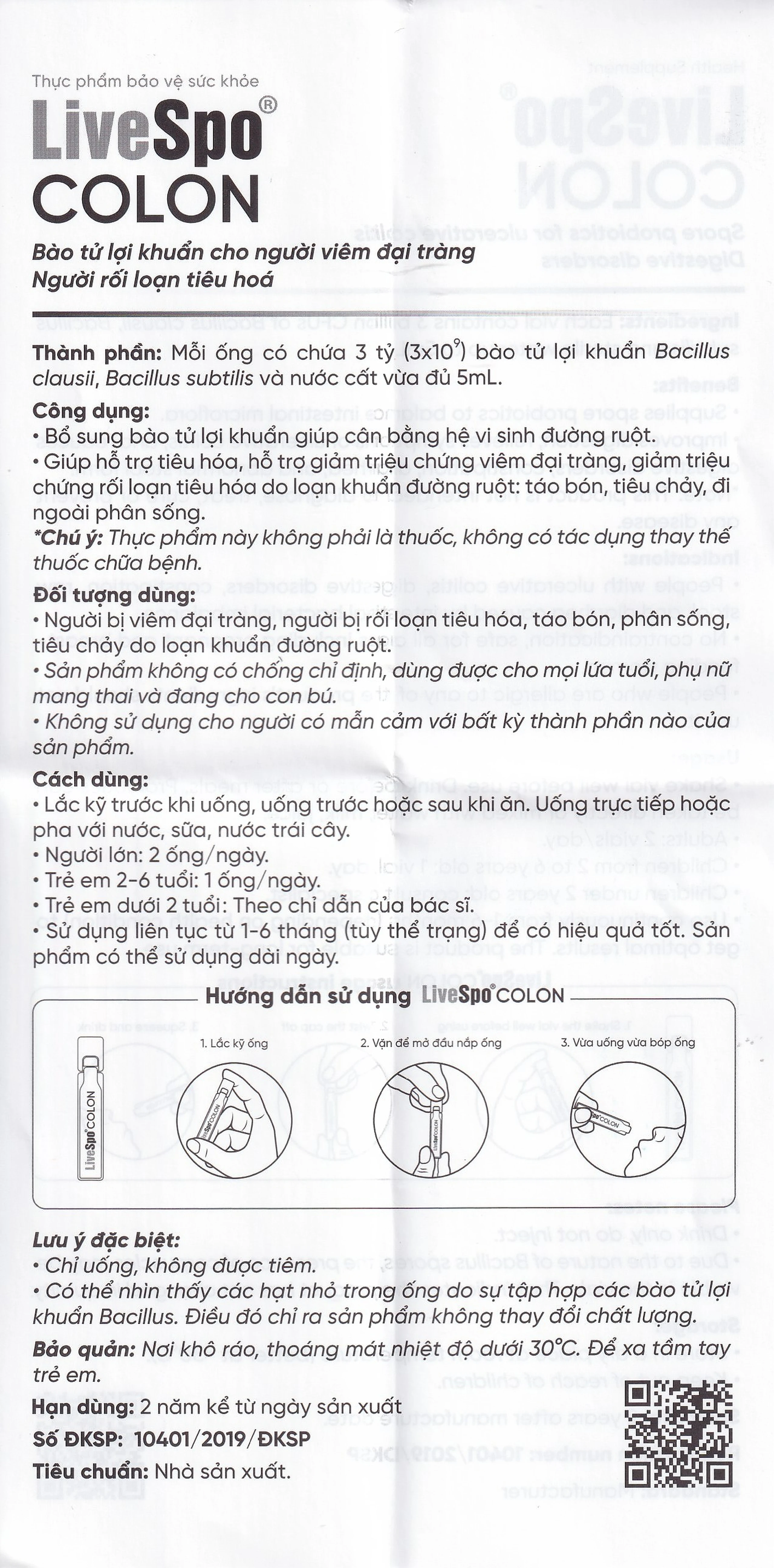 Bào tử lợi khuẩn cho người viêm đại tràng, rối loạn tiêu hóa LiveSpo Colon(20 ống x 5ml)