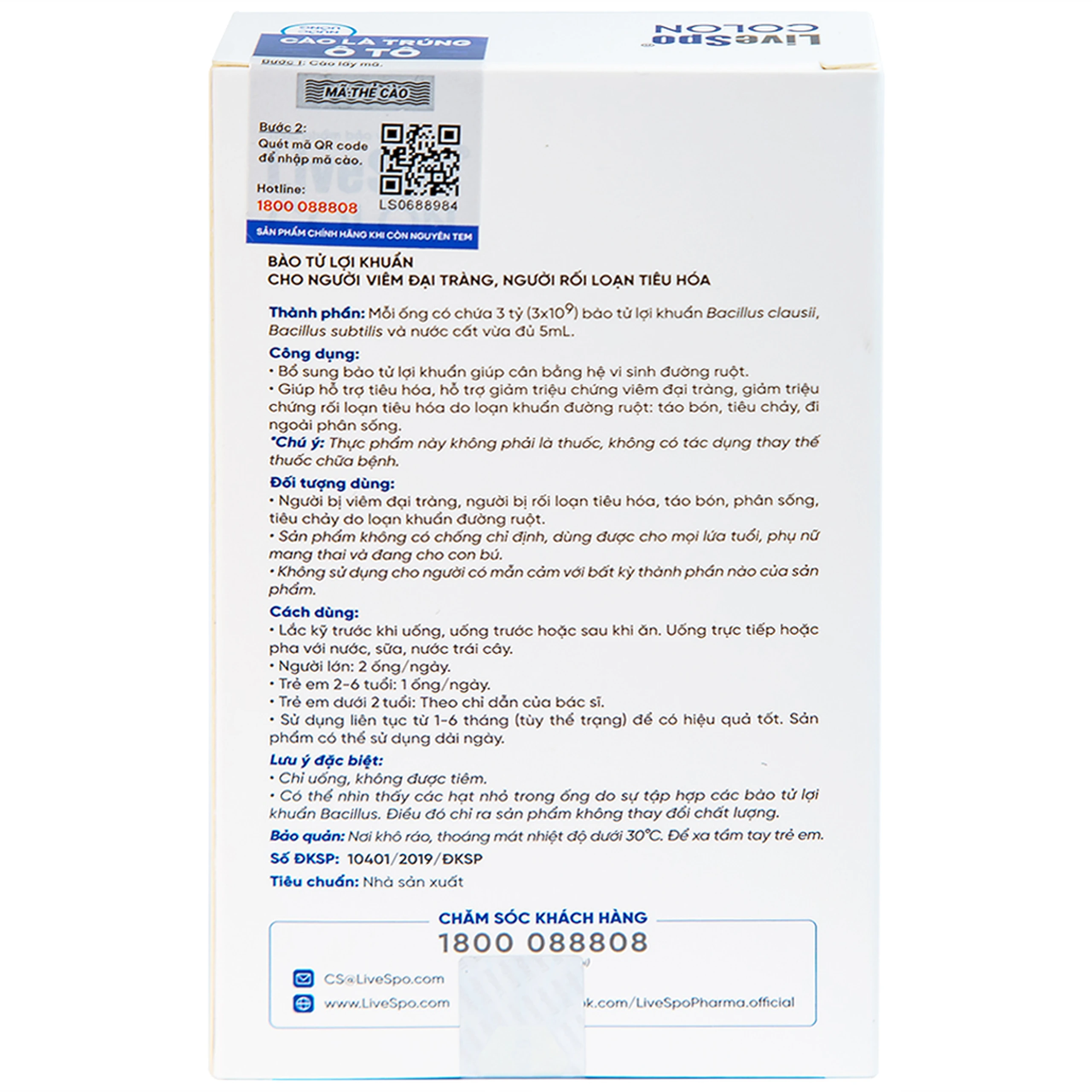 Bào tử lợi khuẩn cho người viêm đại tràng, rối loạn tiêu hóa LiveSpo Colon(20 ống x 5ml)