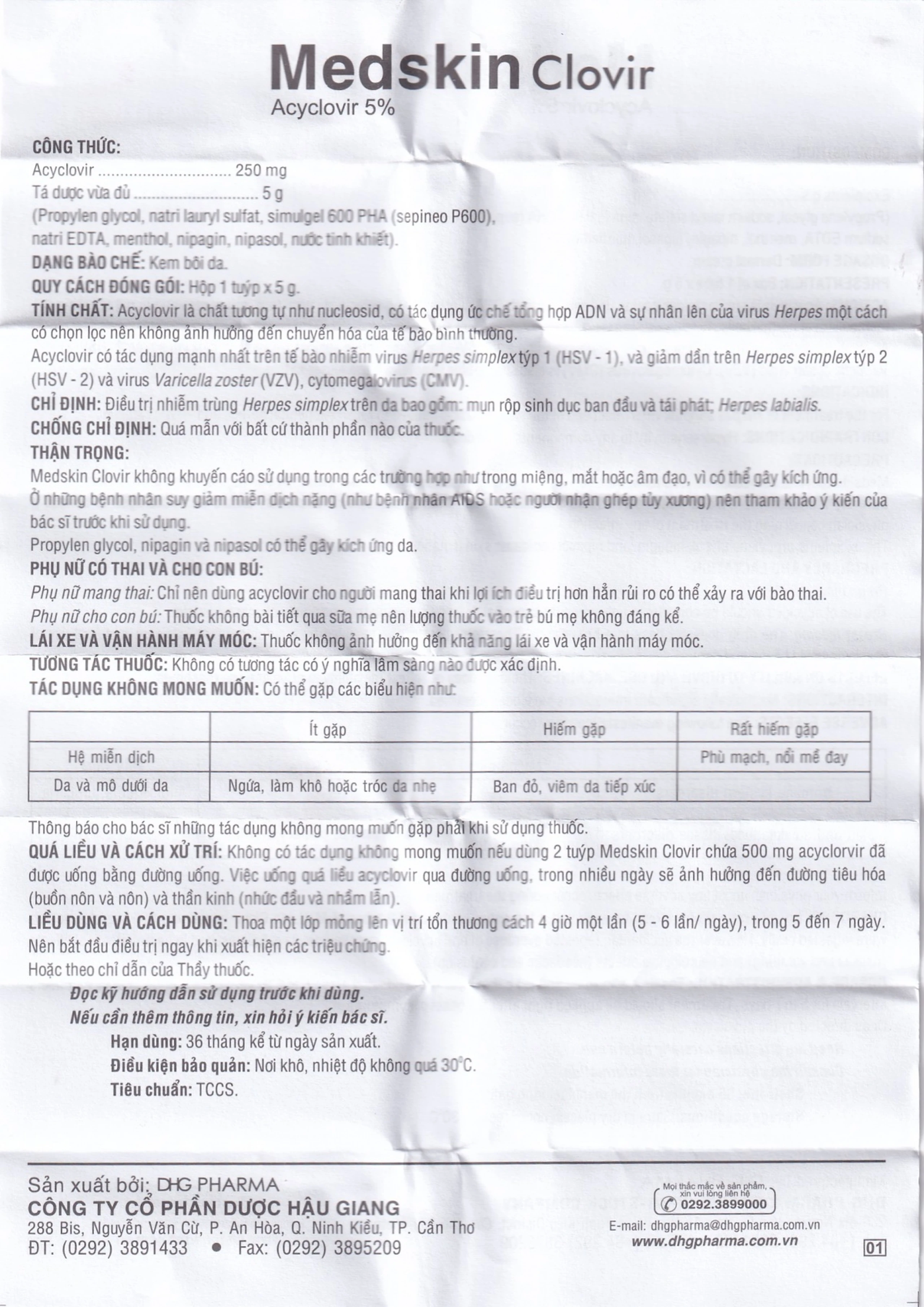 Kem bôi da Medskin Clovir 5% DHG Pharma điều trị nhiễm trùng Herpes simplex (5g)