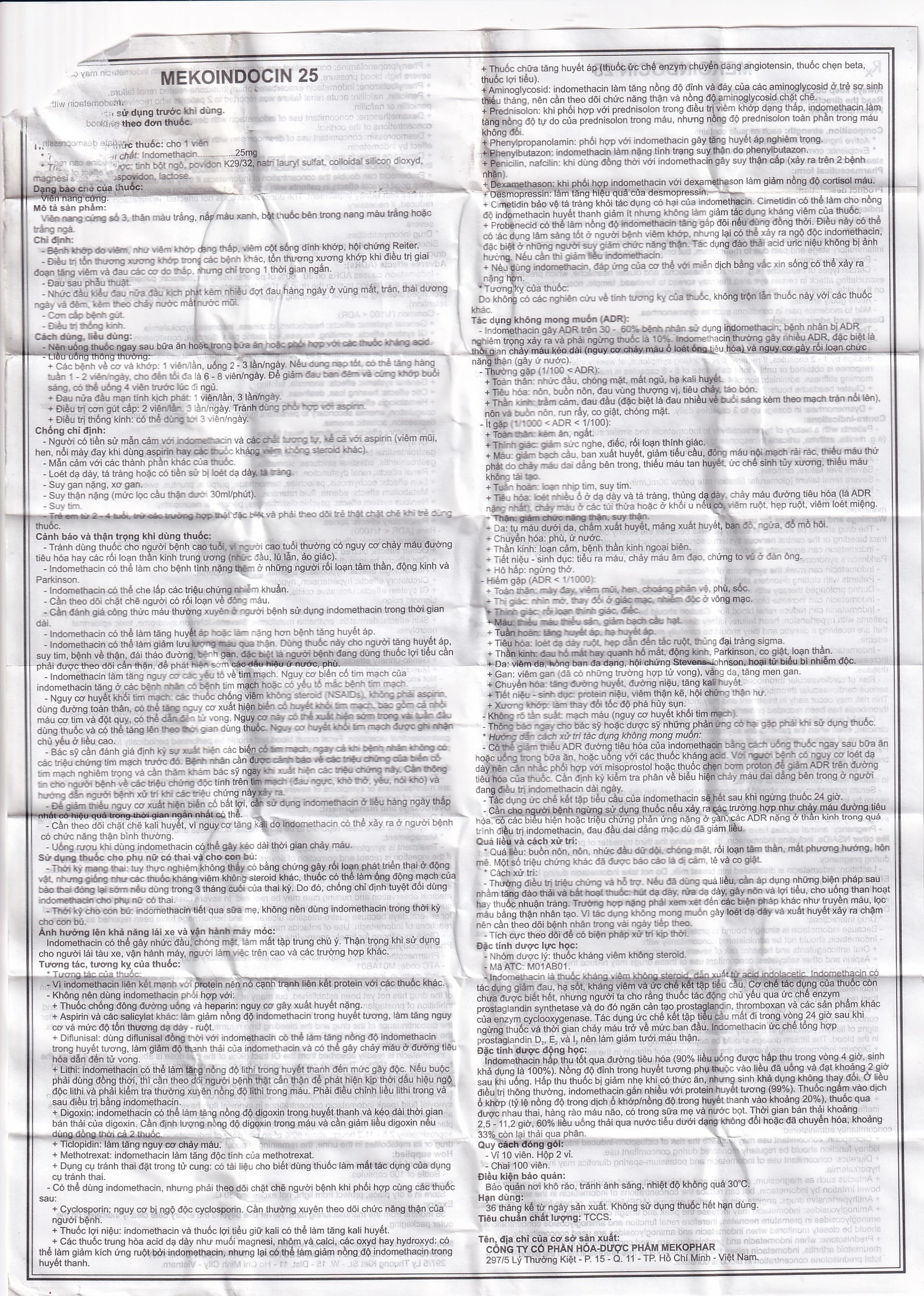 Thuốc Mekoindocin 25mg Mekophar điều trị bệnh khớp do viêm (100 viên)