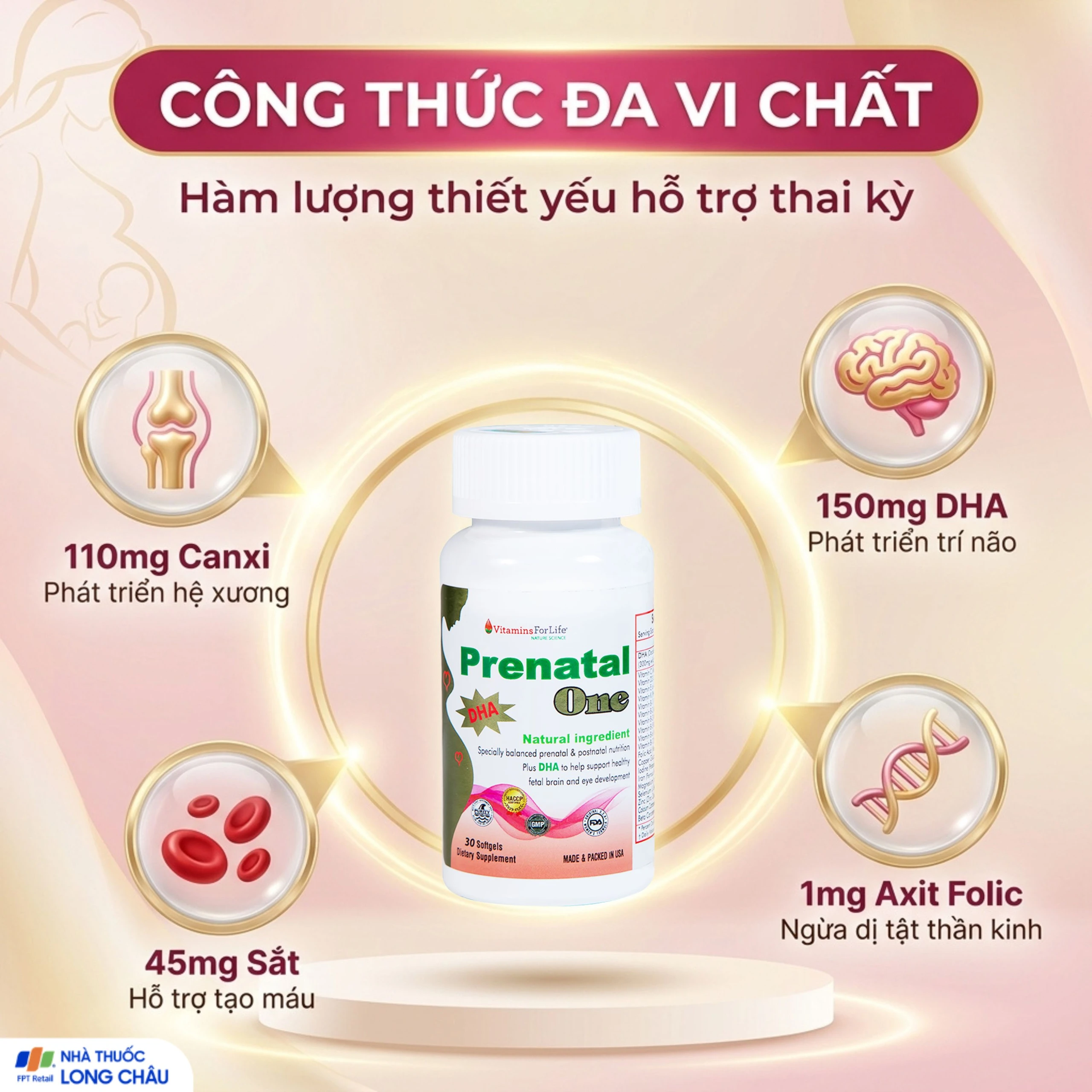 Viên uống cung cấp DHA, Vitamin và khoáng chất cho phụ nữ mang thai và sau sinh Prenatal One Vitamins For Life (30 viên) 3