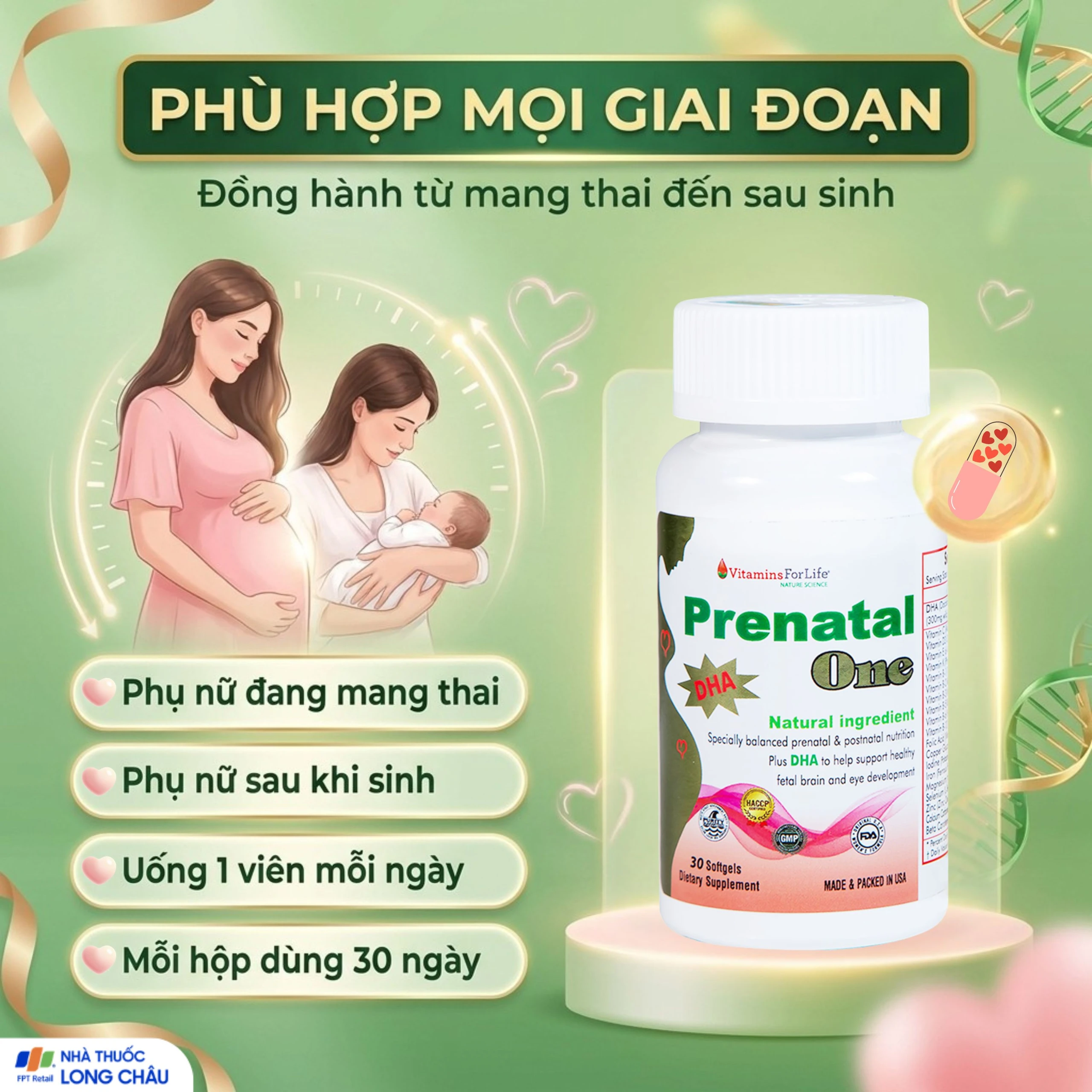 Viên uống cung cấp DHA, Vitamin và khoáng chất cho phụ nữ mang thai và sau sinh Prenatal One Vitamins For Life (30 viên) 5