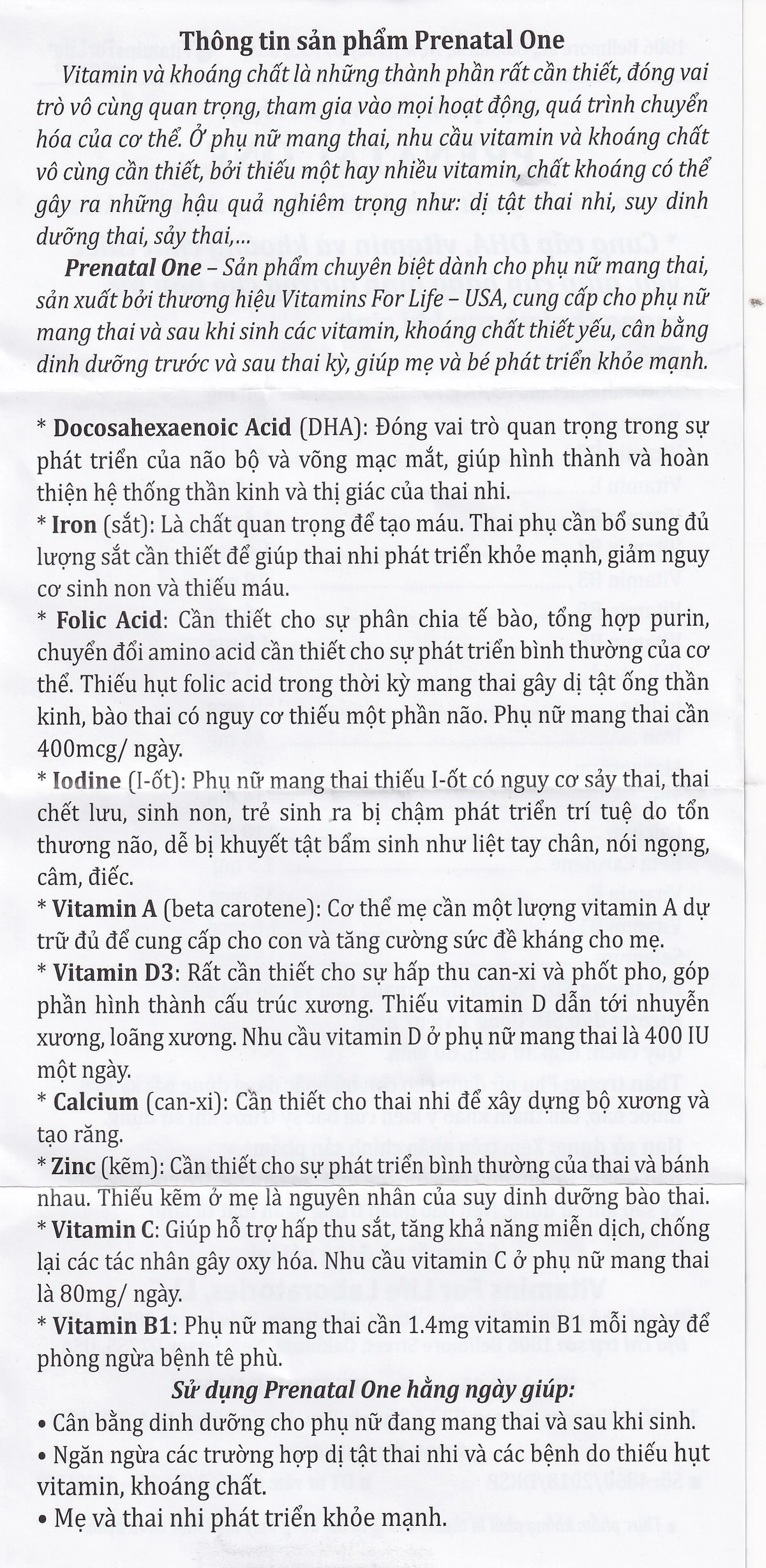 Viên uống cung cấp DHA, Vitamin và khoáng chất cho phụ nữ mang thai và sau sinh Prenatal One Vitamins For Life (30 viên)