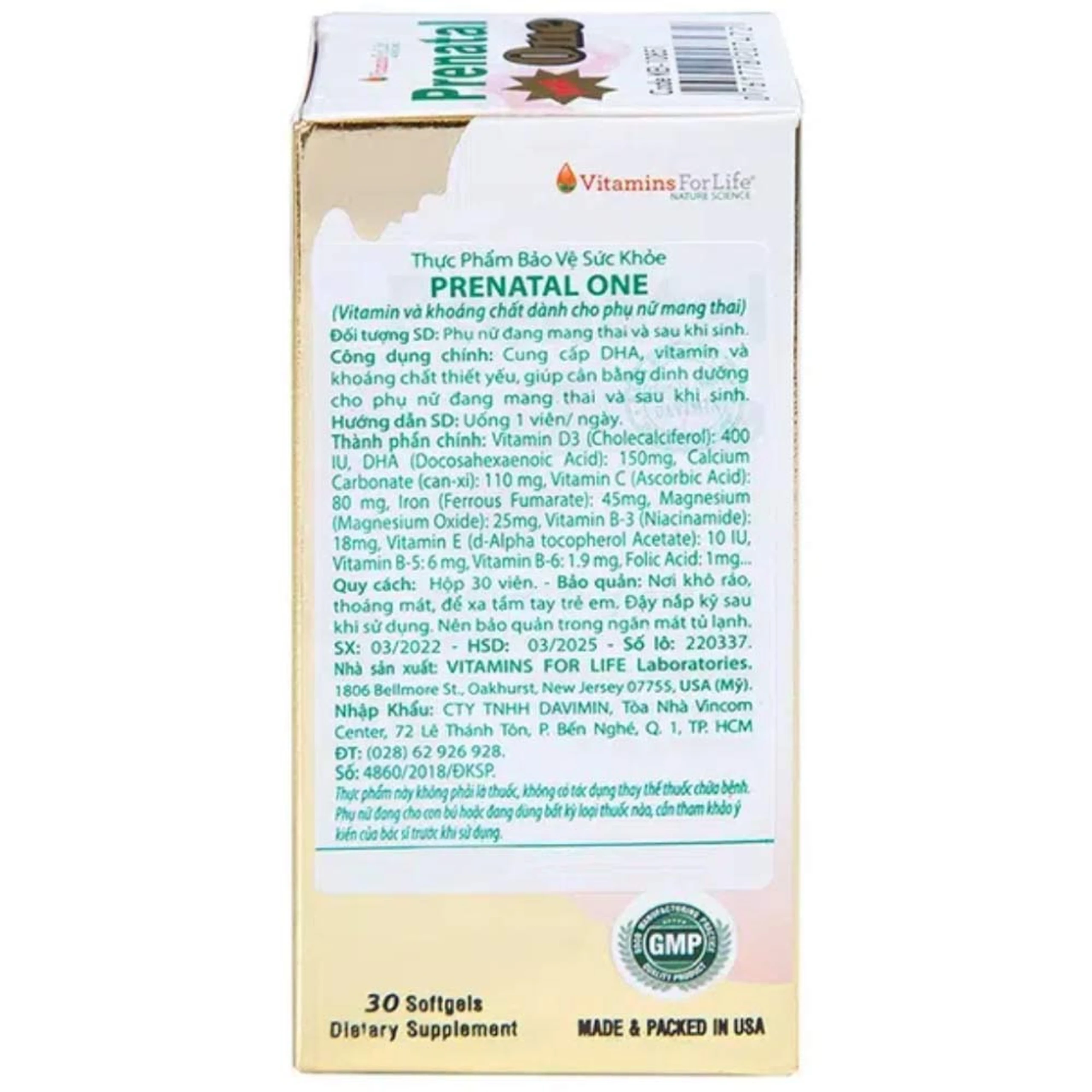 Viên uống cung cấp DHA, Vitamin và khoáng chất cho phụ nữ mang thai và sau sinh Prenatal One Vitamins For Life (30 viên)