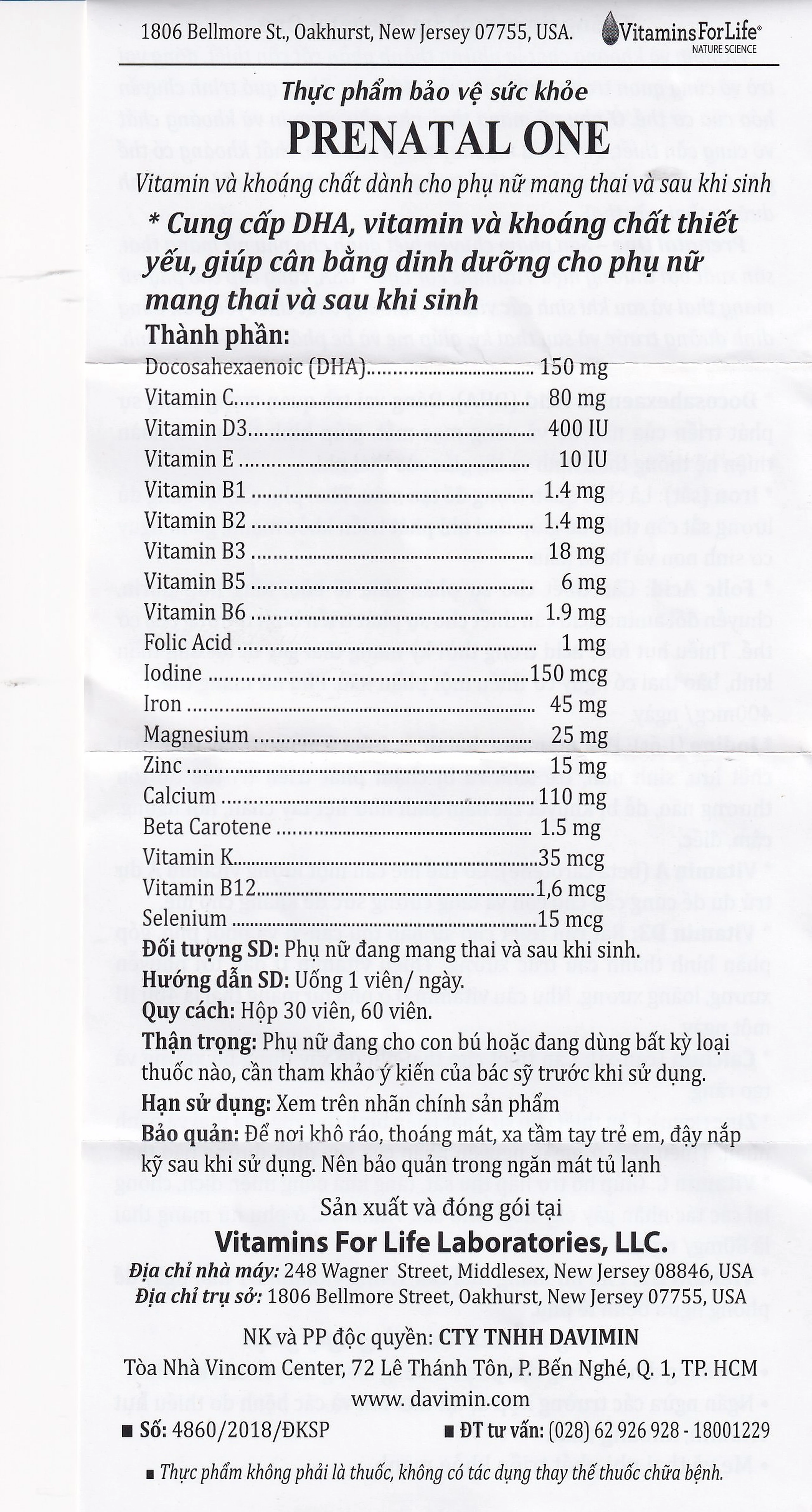 Viên uống cung cấp DHA, Vitamin và khoáng chất cho phụ nữ mang thai và sau sinh Prenatal One Vitamins For Life (30 viên)