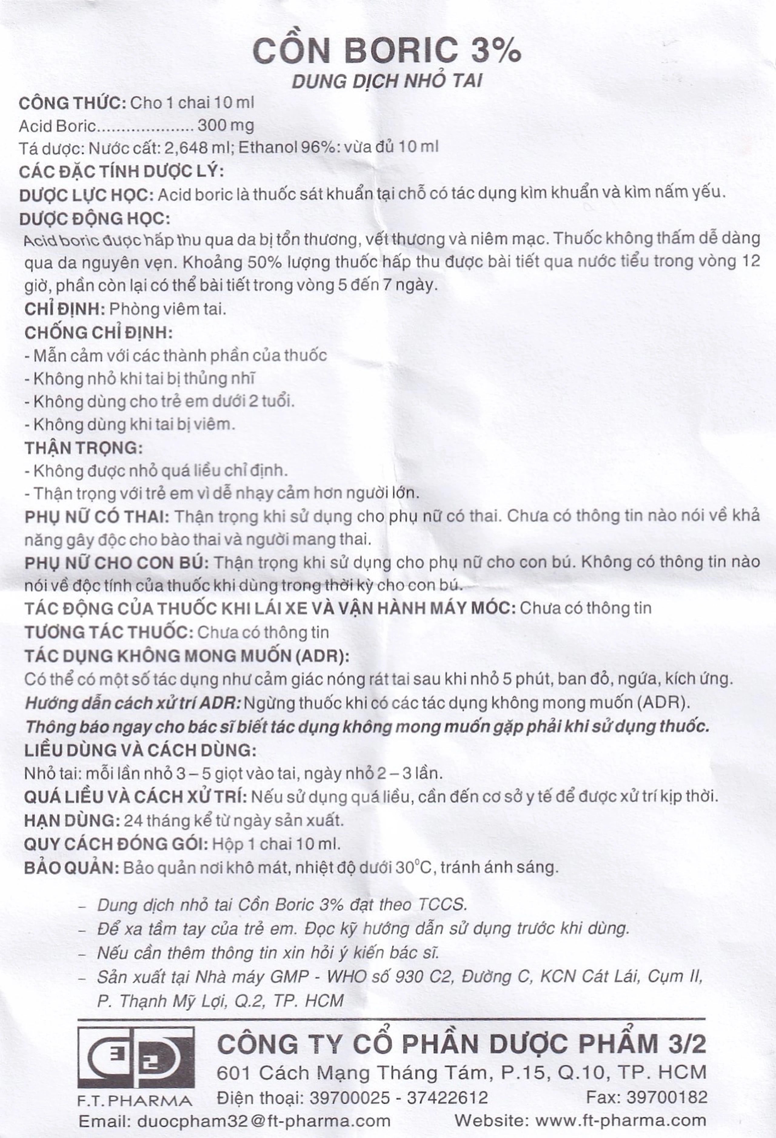 Dung dịch nhỏ tai Cồn Boric 3% Dược 3-2 phòng viêm tai (10ml)