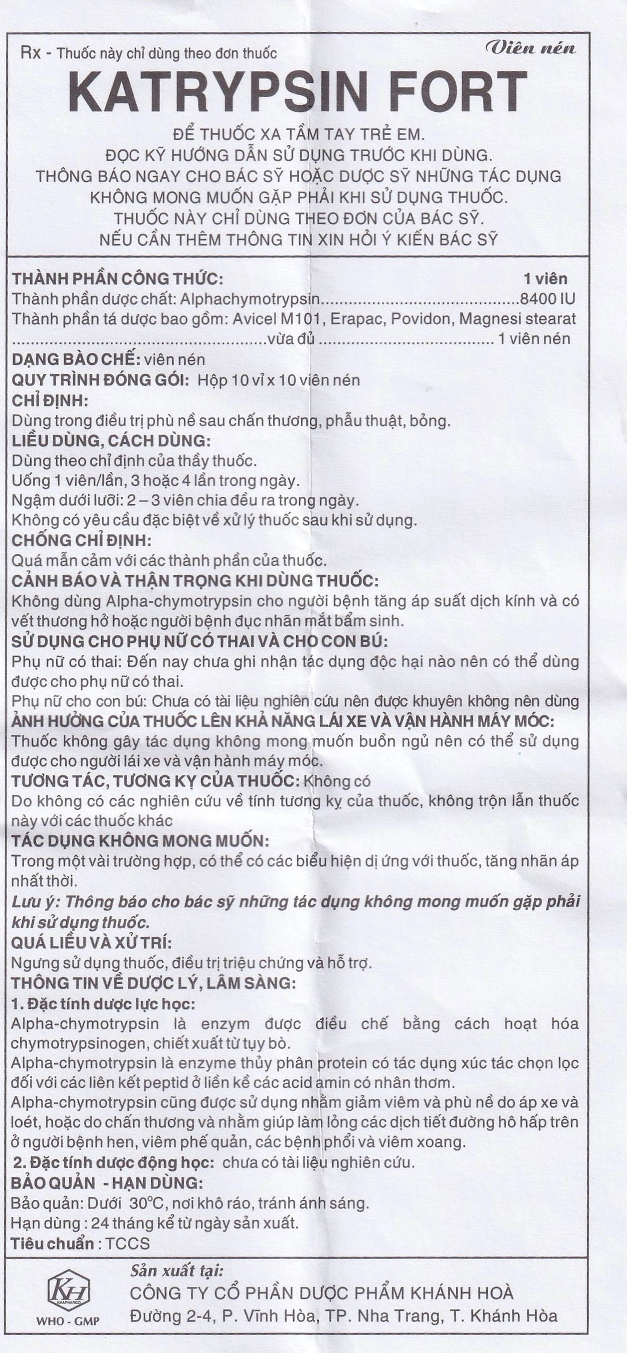 Viên nén Katrypsin Fort 8400IU Khapharco điều trị phù nề sau chấn thương, sau mổ (10 vỉ x 10 viên)