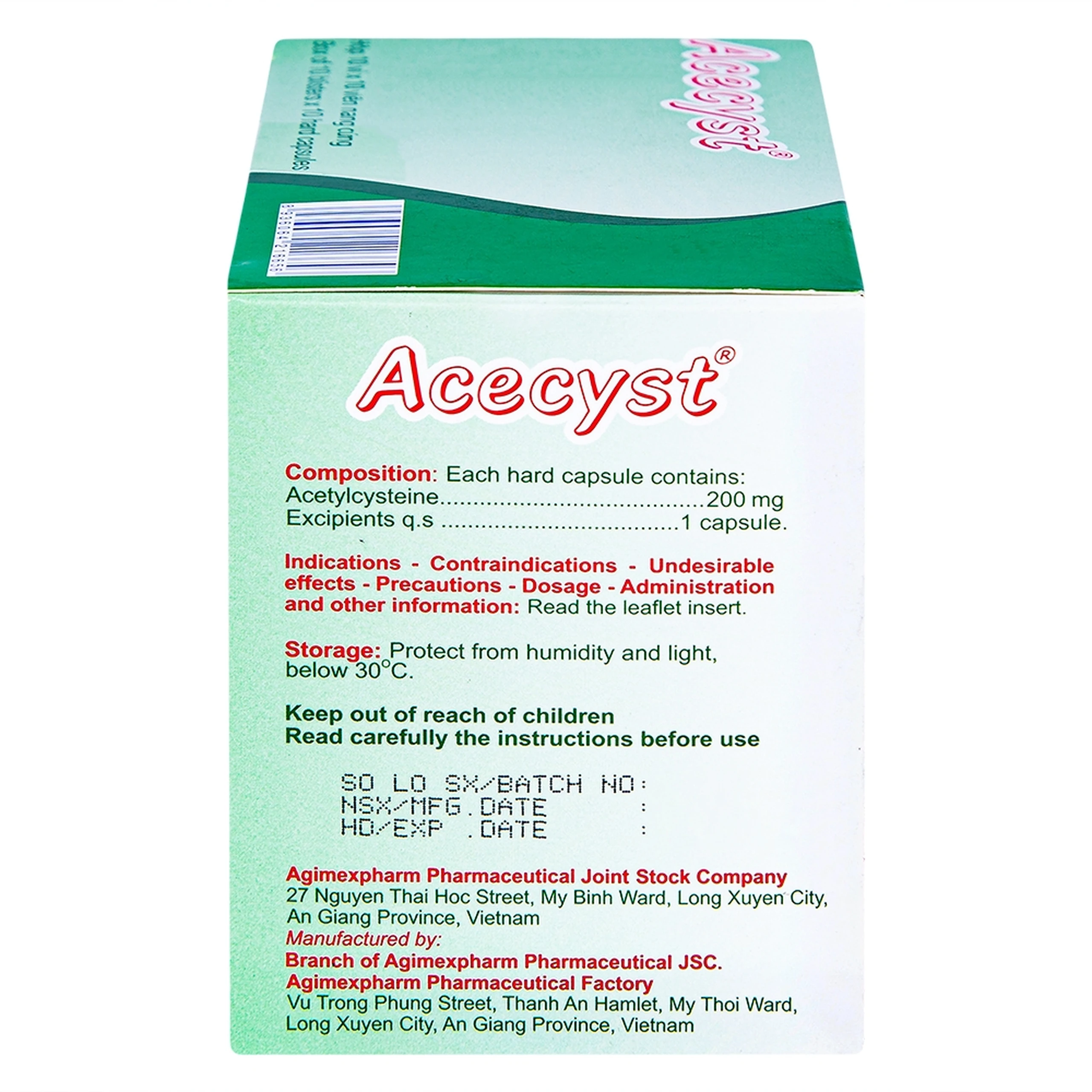 Thuốc Acecyst 200mg Agimexpharm long đờm, thông đường hô hấp trong viêm phế quản (10 vỉ x 10 viên)