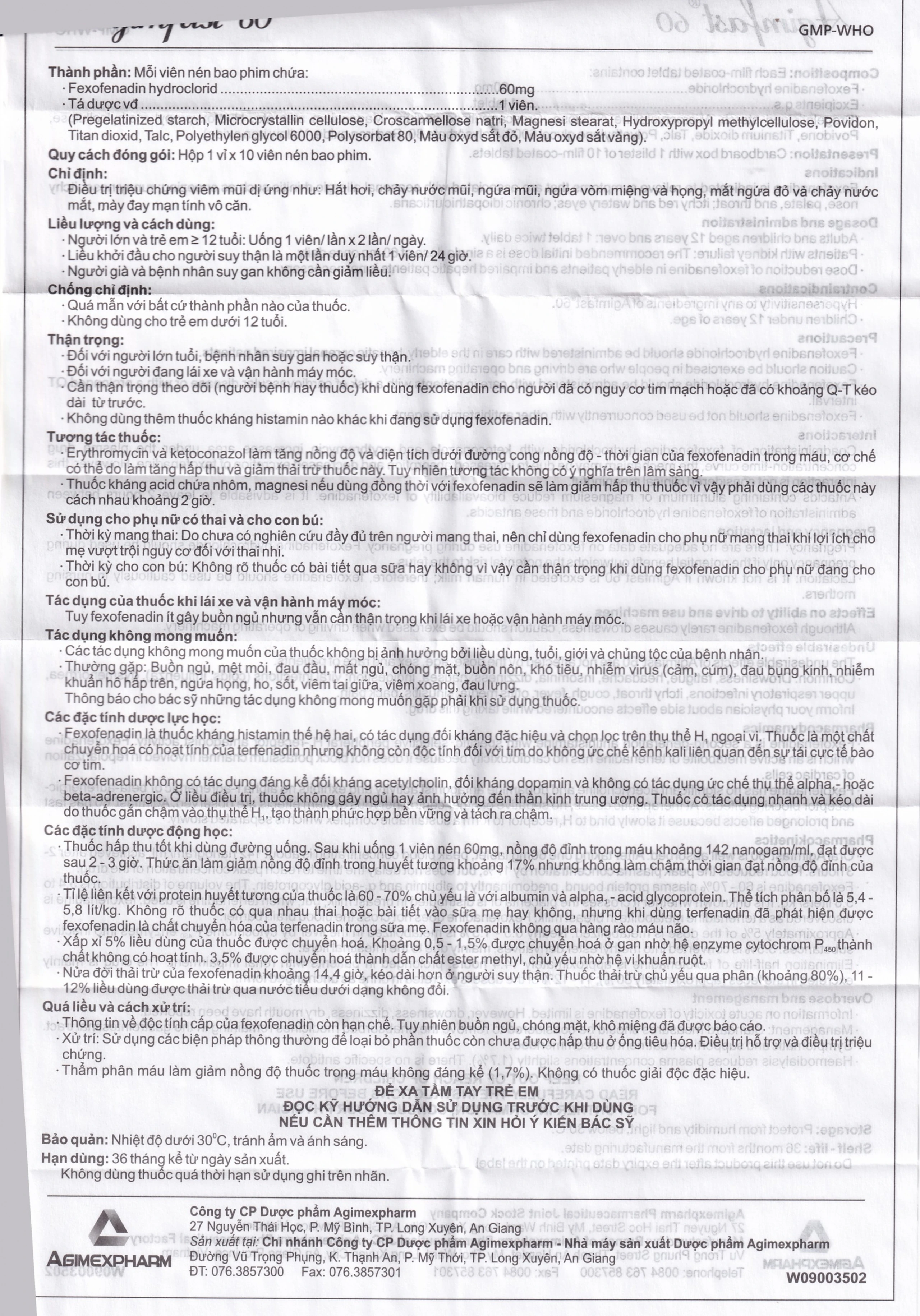 Thuốc Agimfast 60 Agimexpharm điều trị viêm mũi dị ứng, mày đay mạn tính vô căn (2 vỉ x 10 viên)