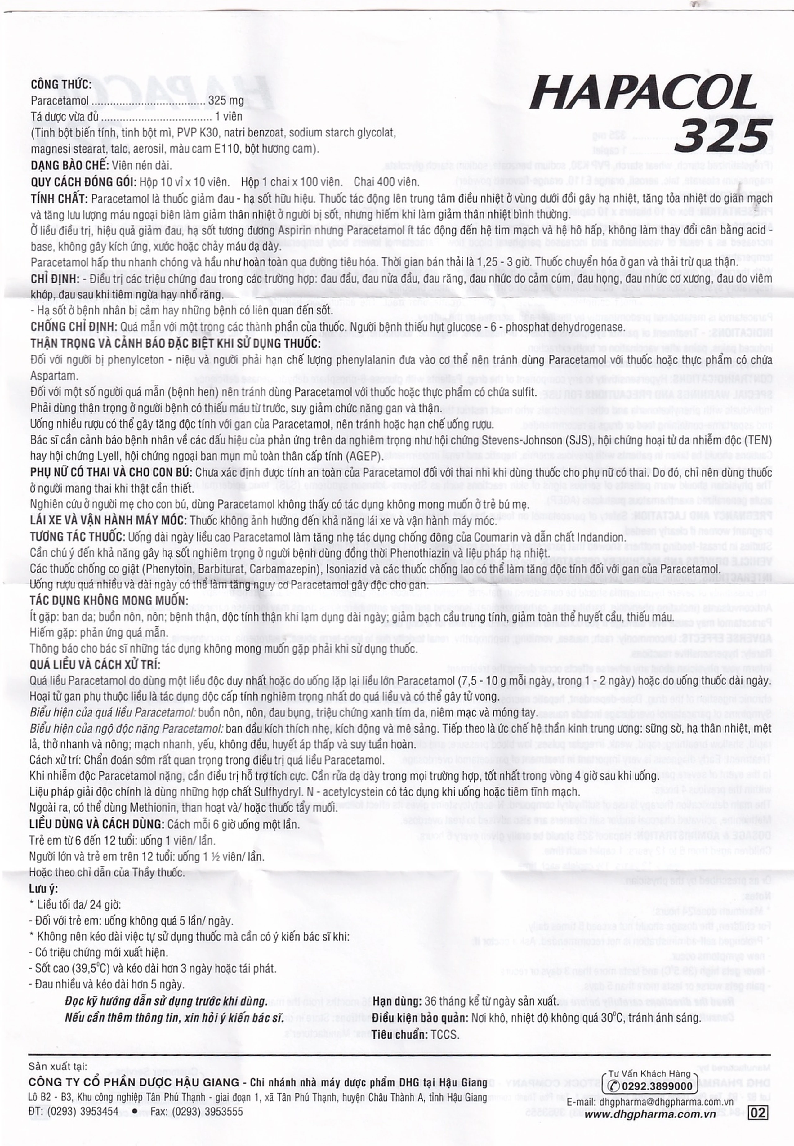 Thuốc Hapacol 325 DHG điều trị đau đầu, đau nửa đầu, đau răng (100 viên)