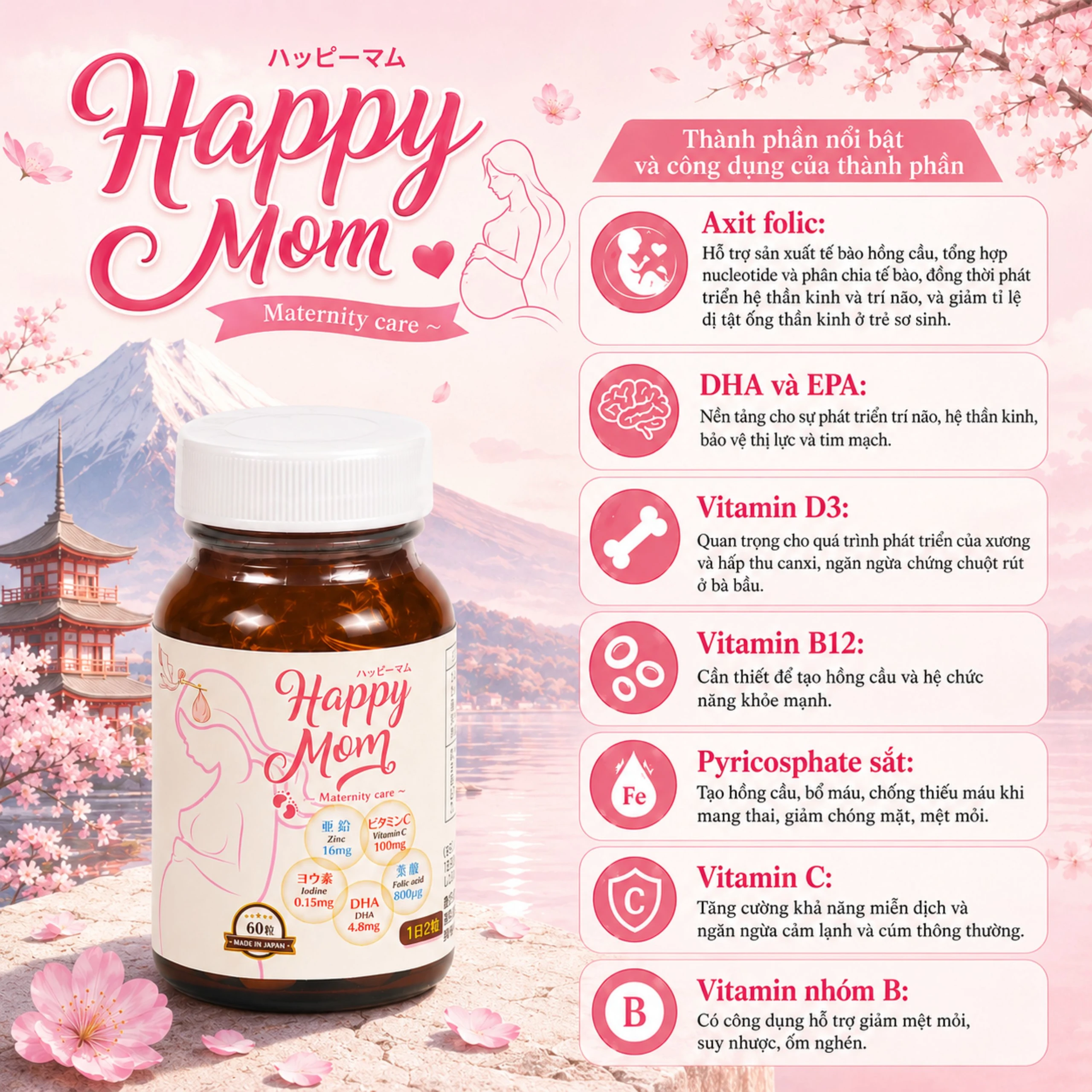 Viên uống bổ sung vitamin và khoáng chất cho bà mẹ trước, trong và sau thai kỳ Happy Mom Jpanwell (60 viên) 3