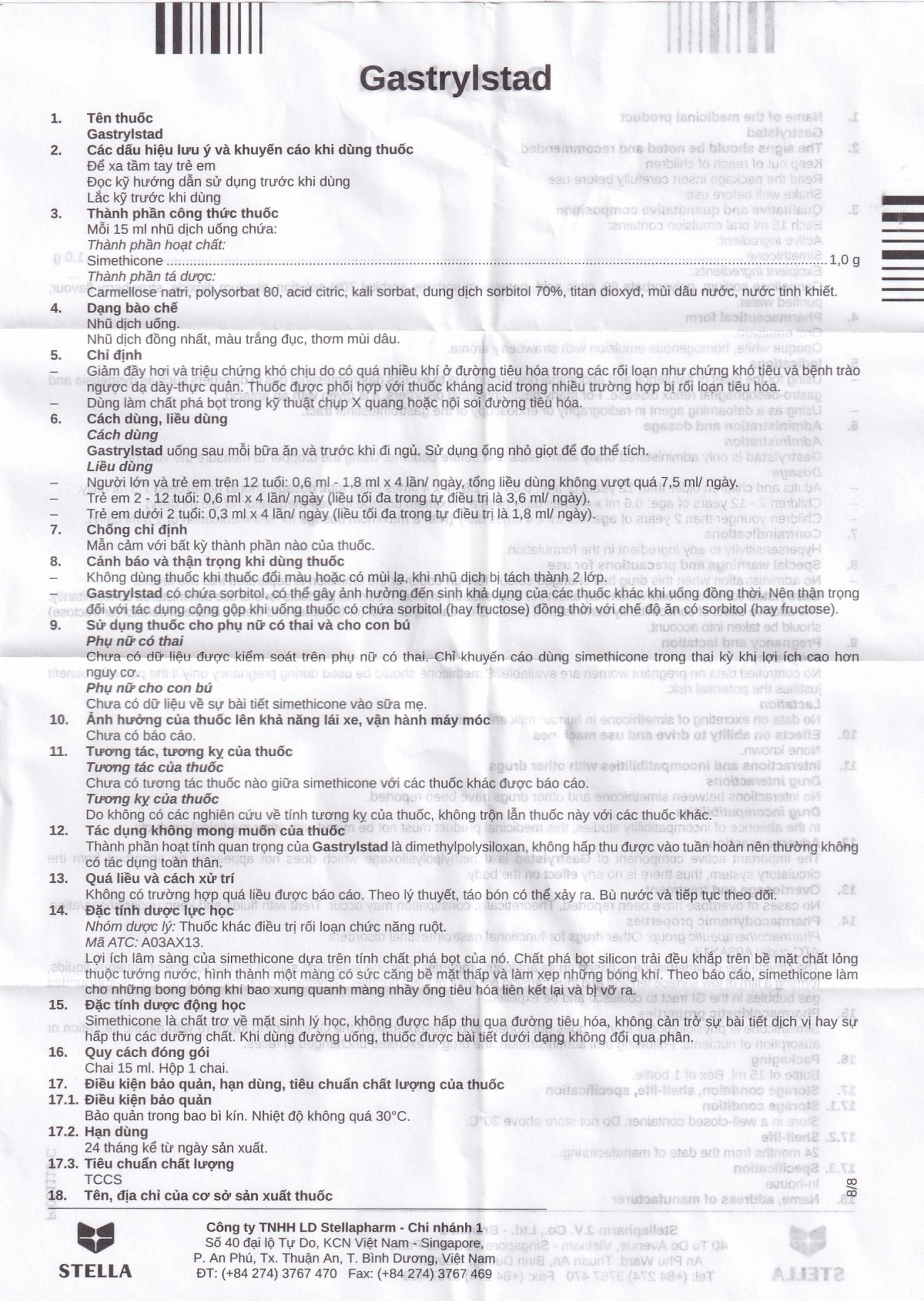 Hỗn dịch Gastrylstad Stella điều trị khó tiêu, trào ngược dạ dày, thực quản (15ml)
