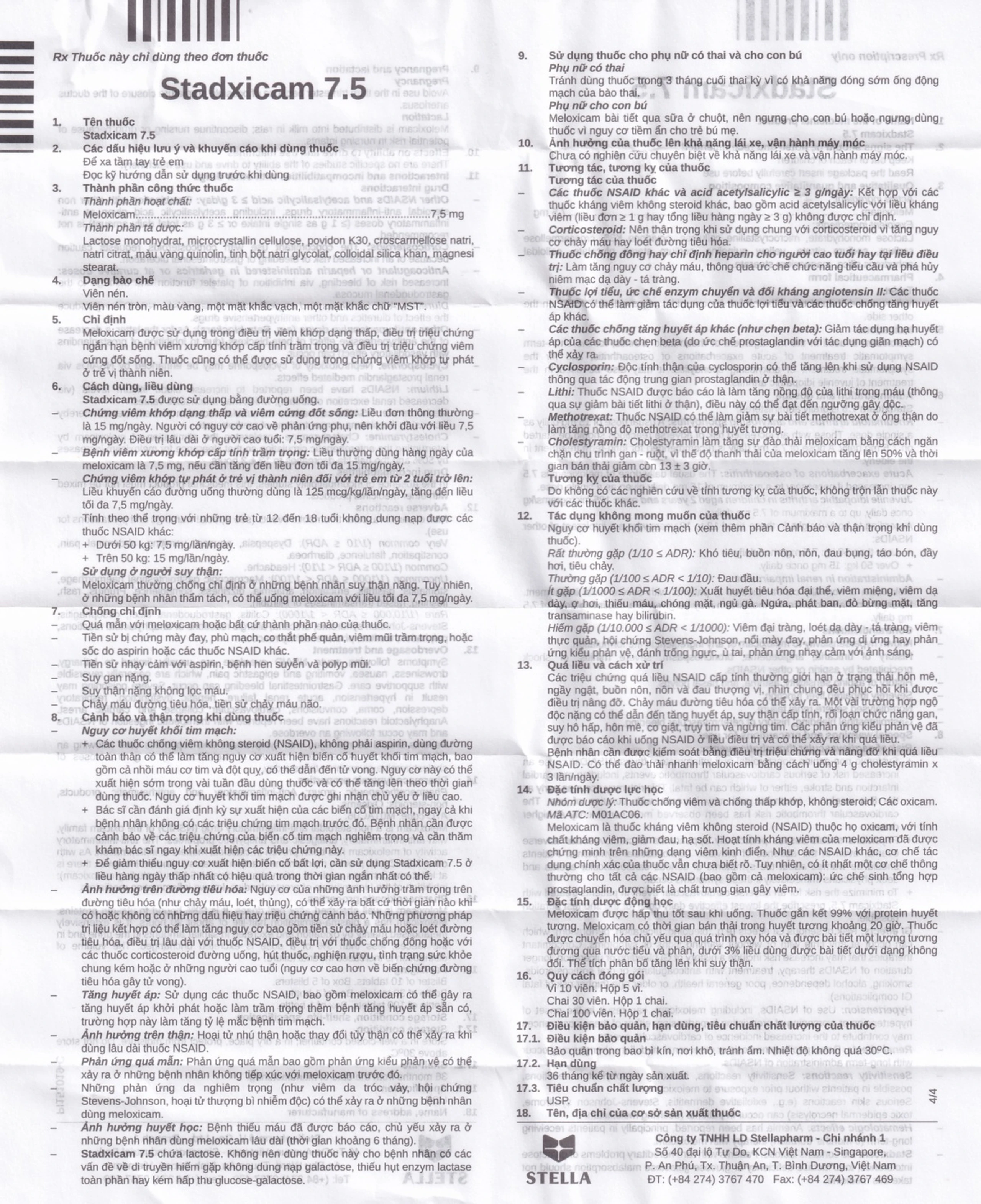 Thuốc Stadxicam 7.5 Stella điều trị viêm khớp dạng thấp (5 vỉ x 10 viên)