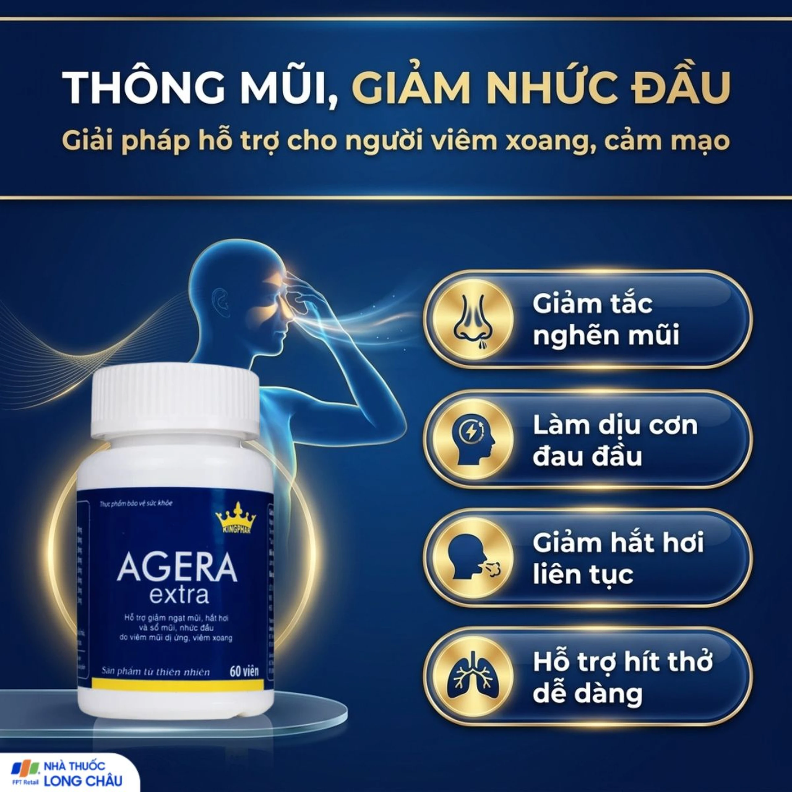Viên uống hỗ trợ giảm ngạt mũi, hắt hơi và sổ mũi, nhức đầu do viêm mũi dị ứng Agera Extra Kingphar (60 viên) 3