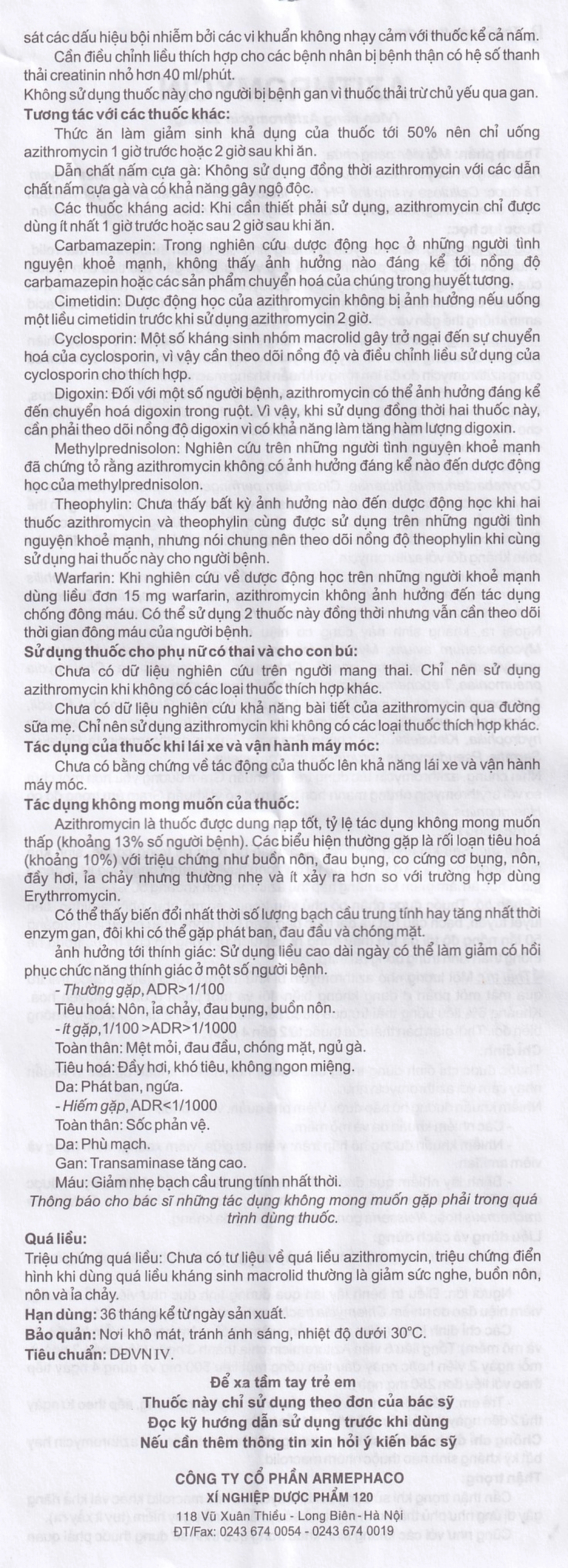 Thuốc Azithromycin 250 Armephaco điều trị nhiễm khuẩn (1 vỉ x 6 viên)