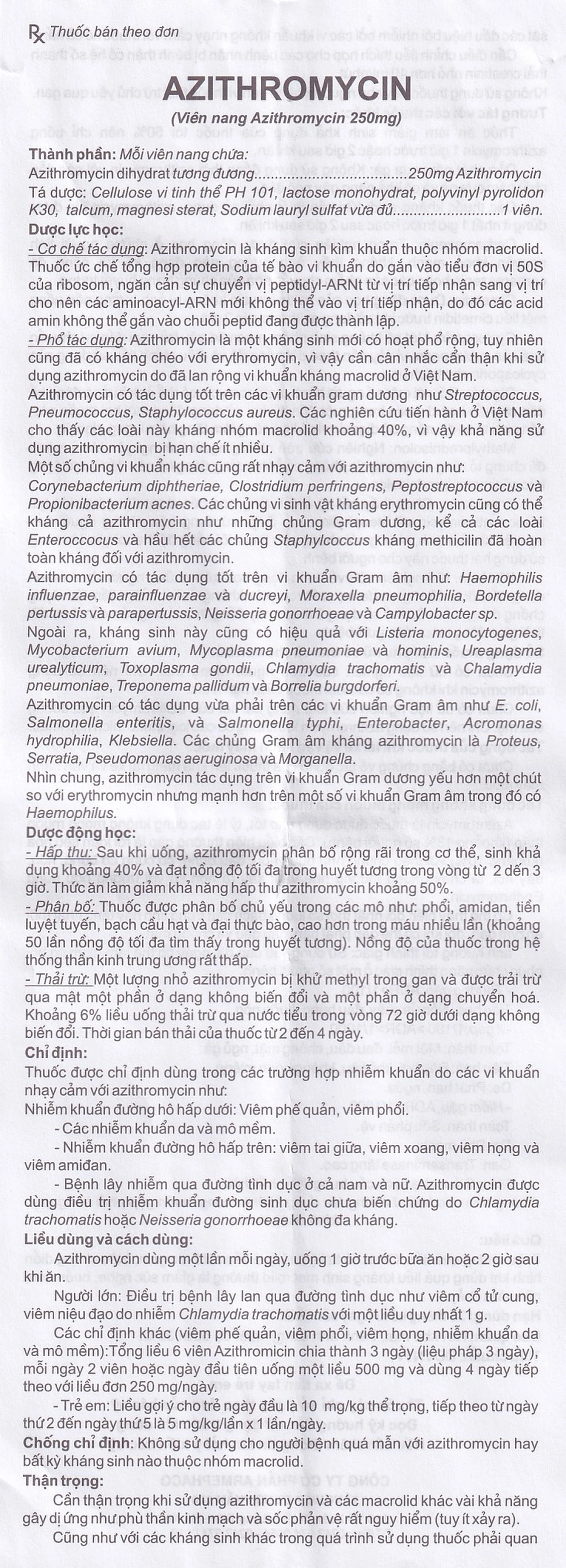 Thuốc Azithromycin 250 Armephaco điều trị nhiễm khuẩn (1 vỉ x 6 viên)