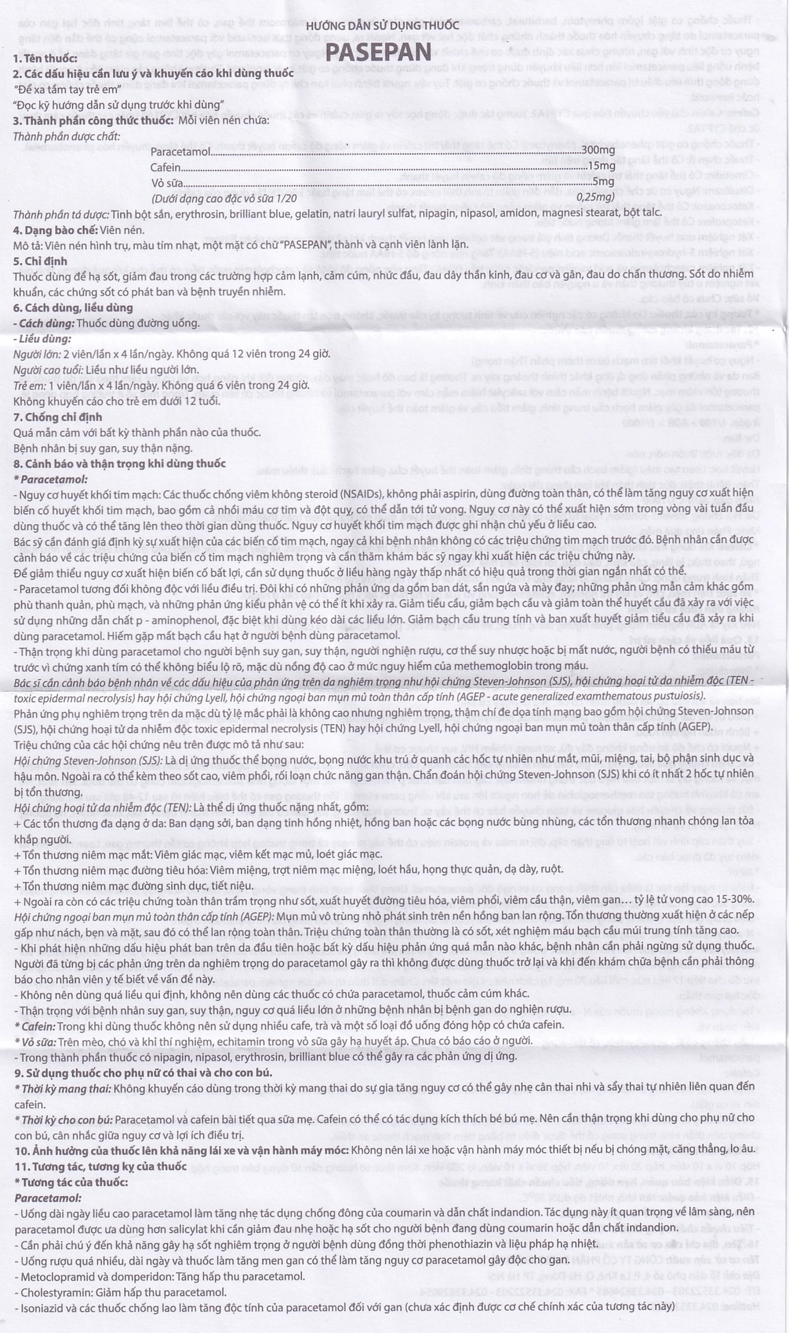 Viên nén Pasepan Hataphar hạ sốt, giảm đau, điều trị cảm lạnh, cảm cúm, nhức đầu (50 vỉ x 10 viên)