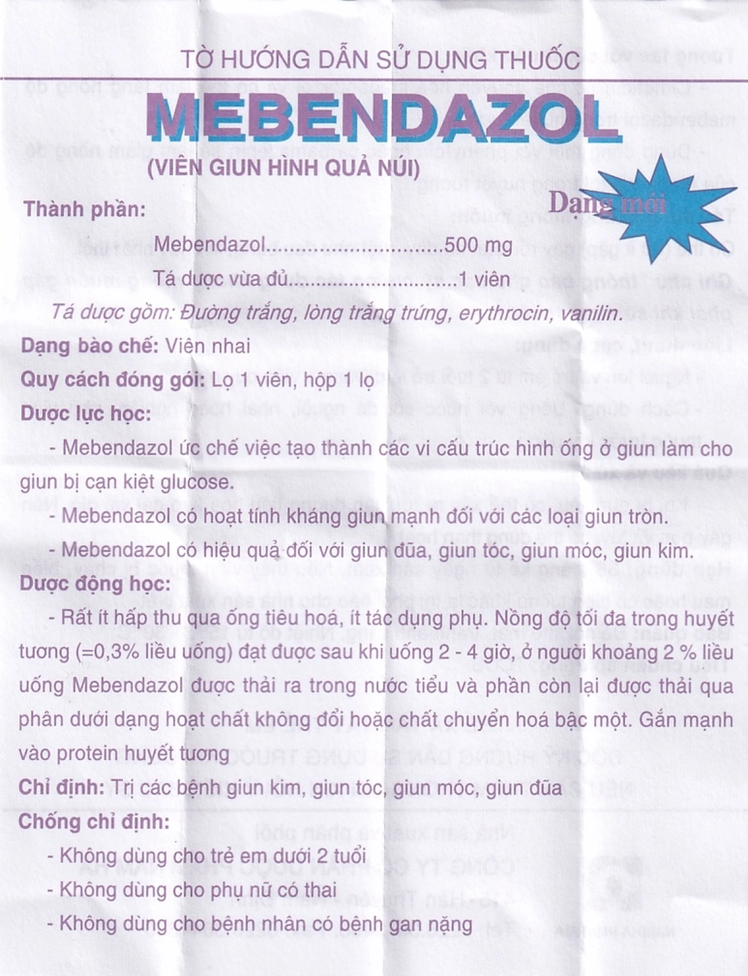 Viên nhai Mebendazol 500mg Nam Hà điều trị các loại giun tròn (1 viên)
