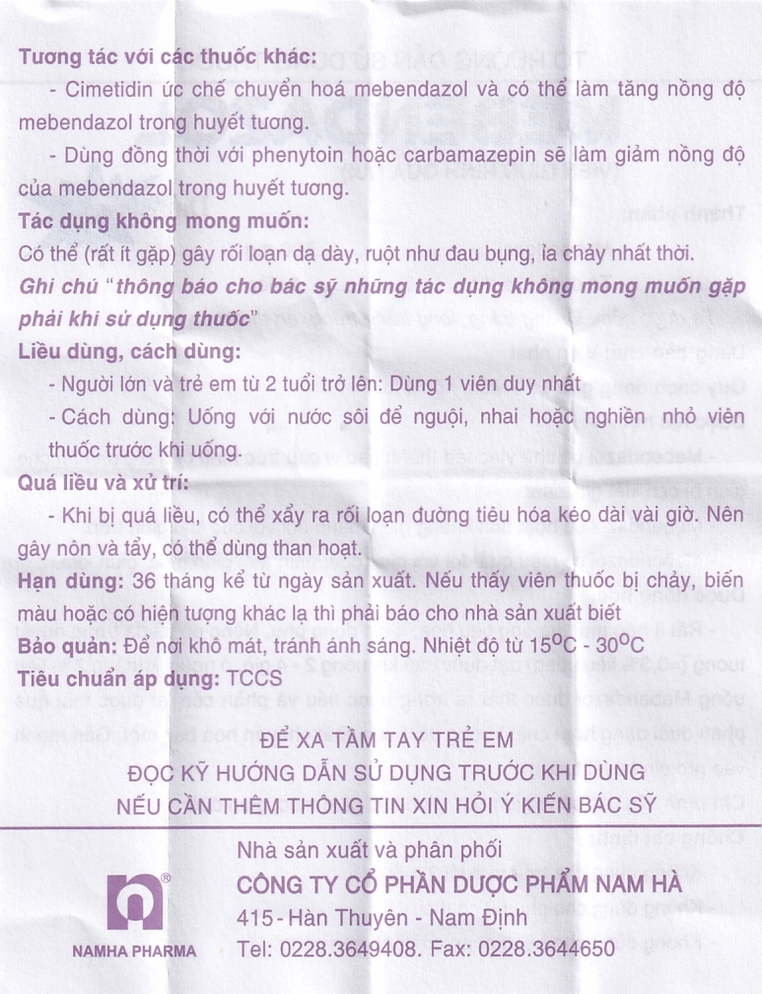 Viên nhai Mebendazol 500mg Nam Hà điều trị các loại giun tròn (1 viên)