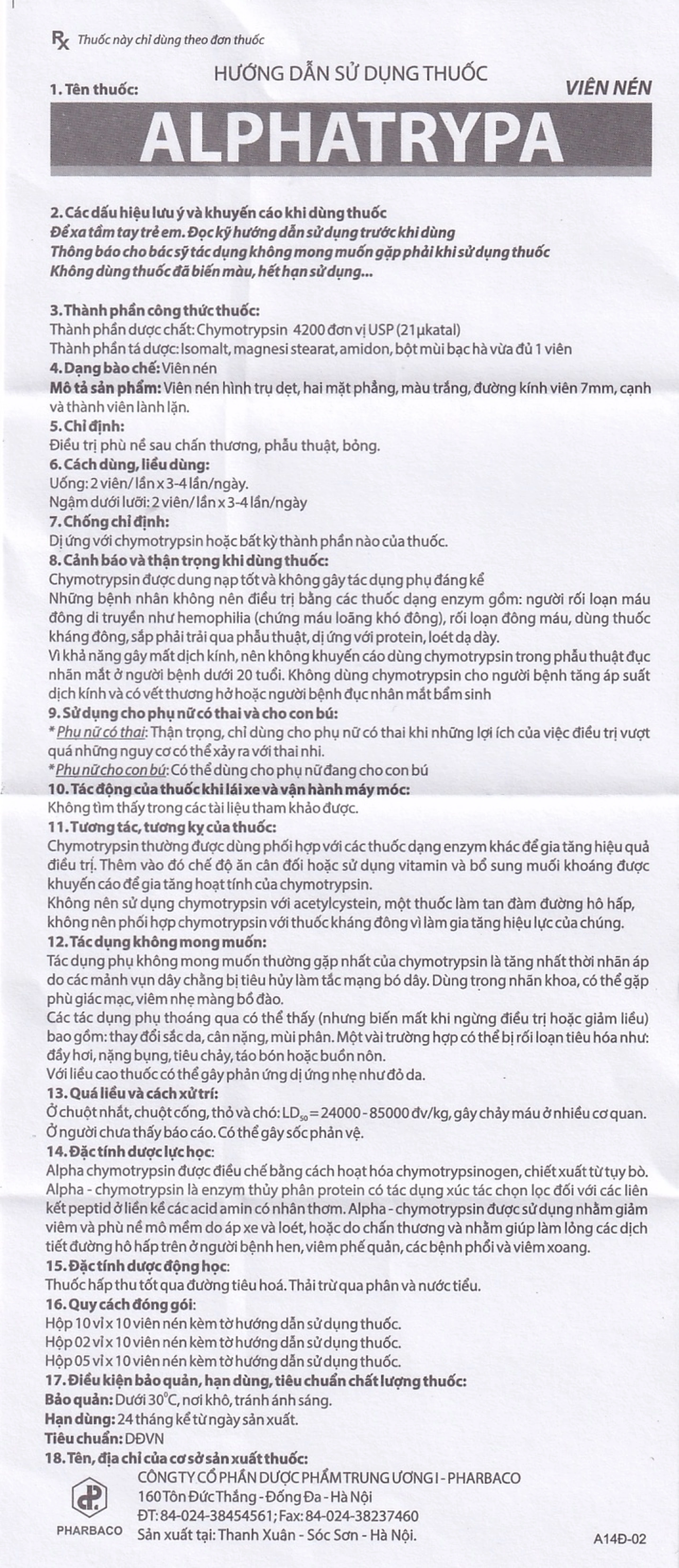 Thuốc Alphatrypa 4200 I.U Pharbaco điều rị phù nề sai chấn thương, phẫu thuật (5 vỉ x 10 viên)