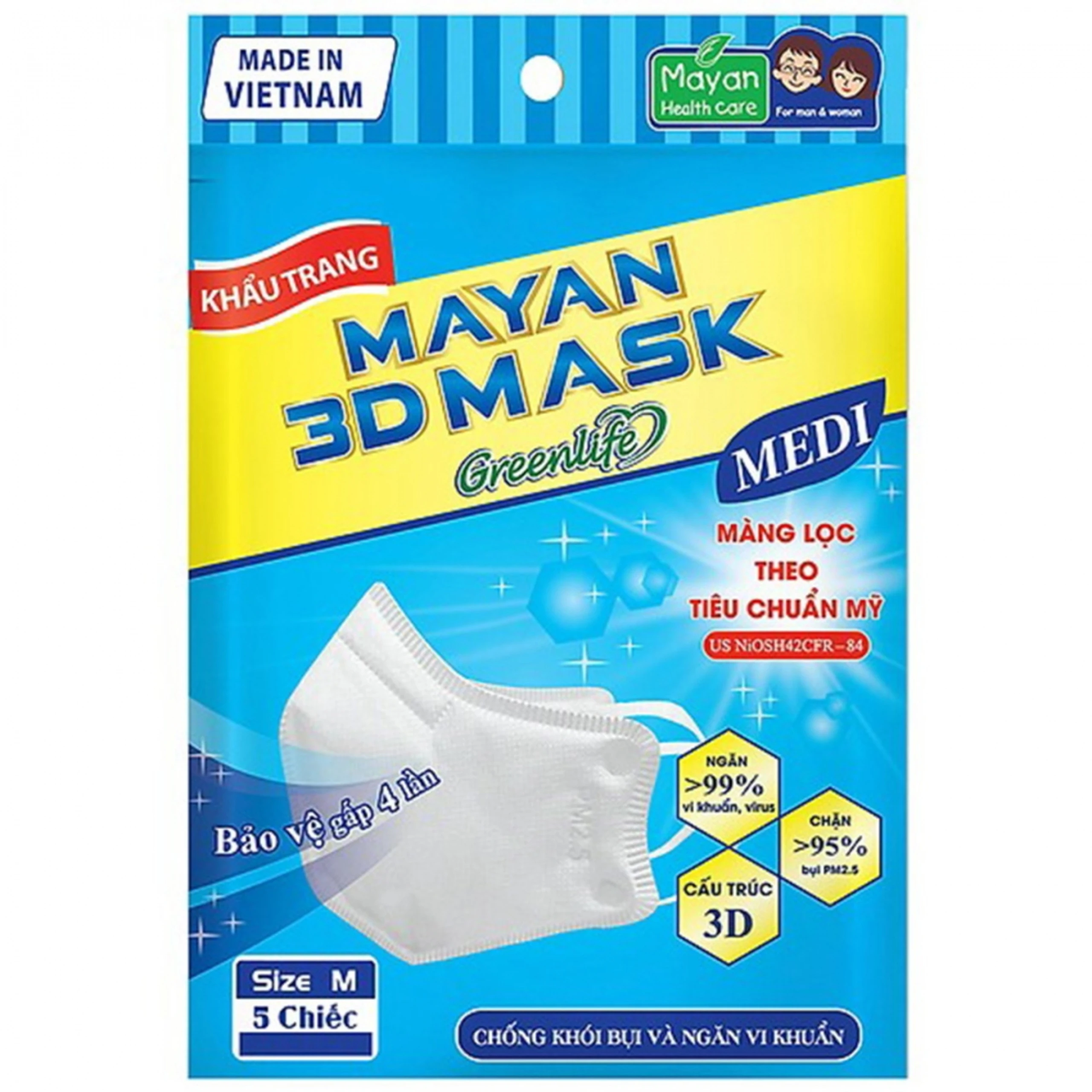 Khẩu trang 4 lớp Mayan 3D Mask Medi màu trắng (5 cái) ngăn bụi mịn PM 2.5, ngăn ngừa 99% vi khuẩn