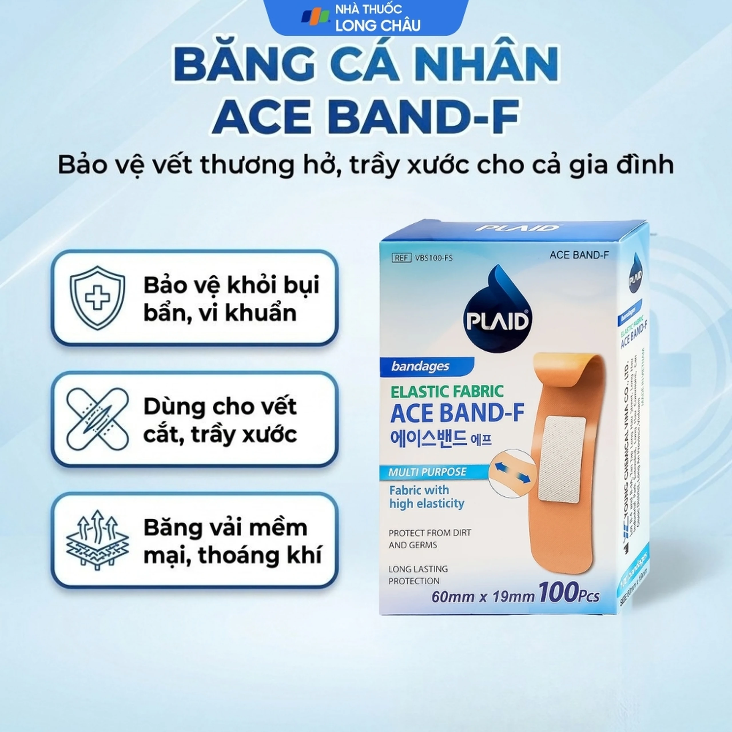 Băng cá nhân vải Plaid Ace Band-F 60x19mm (100 miếng) Young Chemical 2