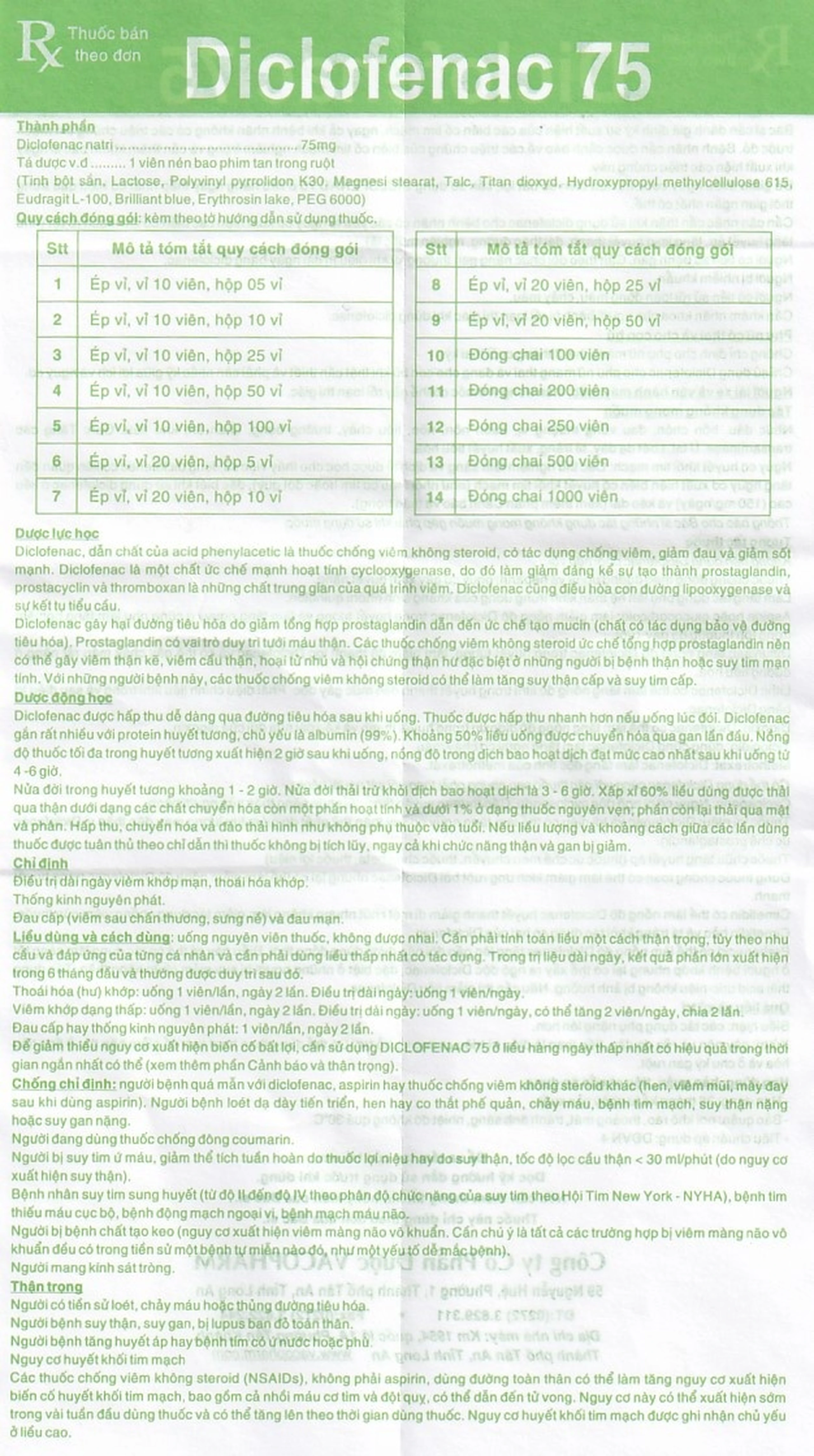 Thuốc Diclofenac 75 Vacopharm điều trị dài ngày viêm khớp mạn, thoái hóa khớp (5 vỉ x 10 viên)