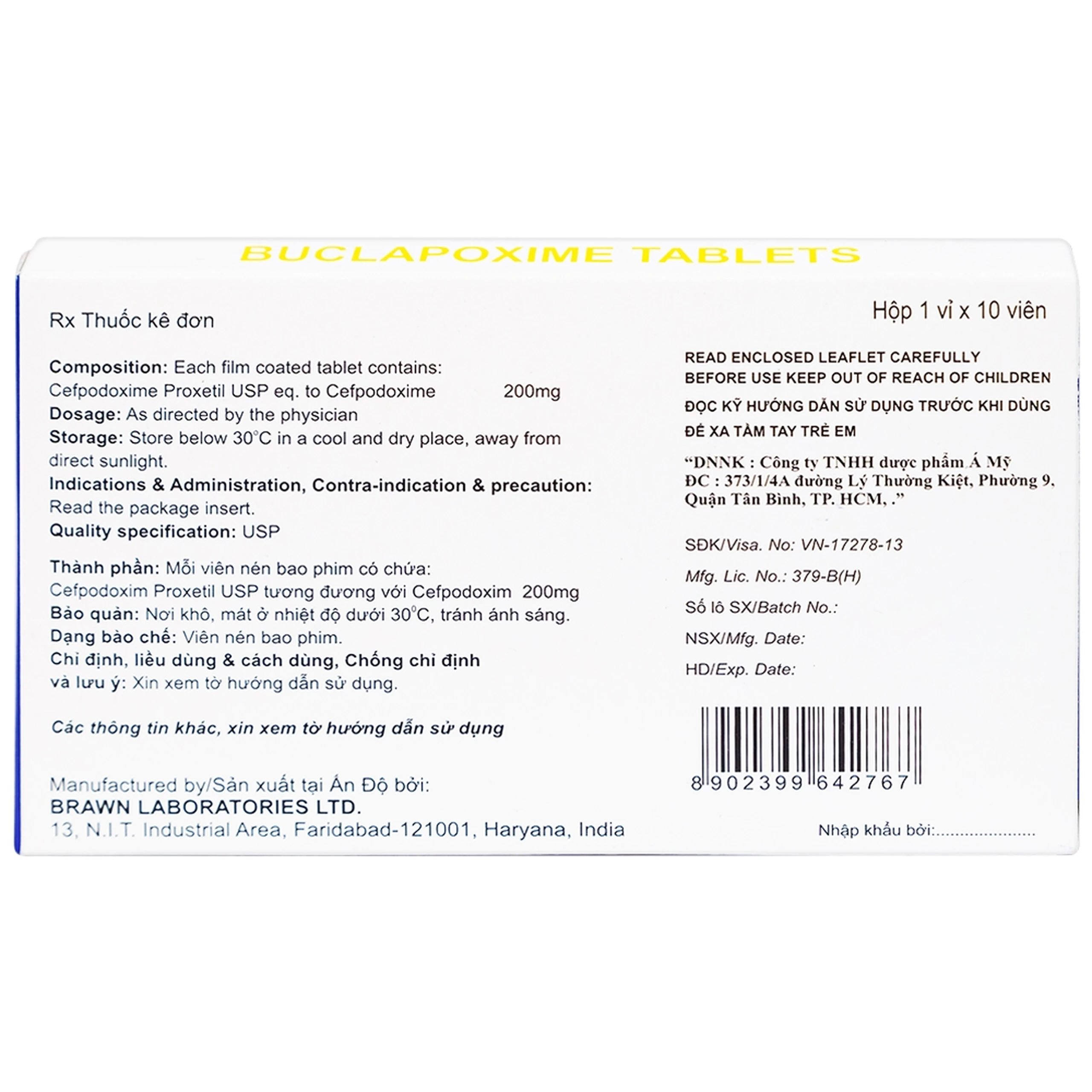 Thuốc Buclapoxime Brawn điều trị nhiễm khuẩn (1 vỉ x 10 viên)