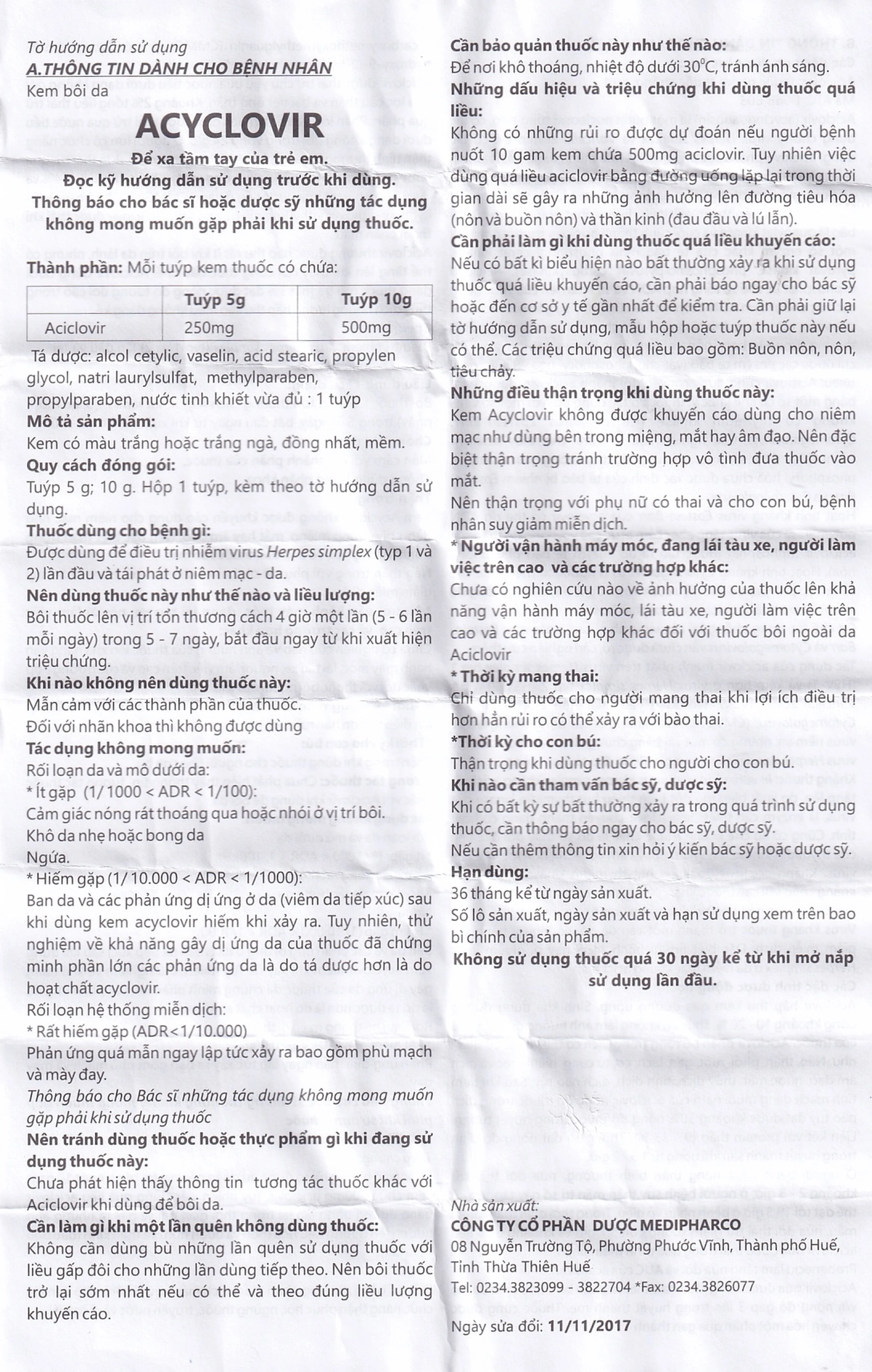 Kem bôi da Acyclovir Medipharco điều trị nhiễm virus Herpes simplex (5g)