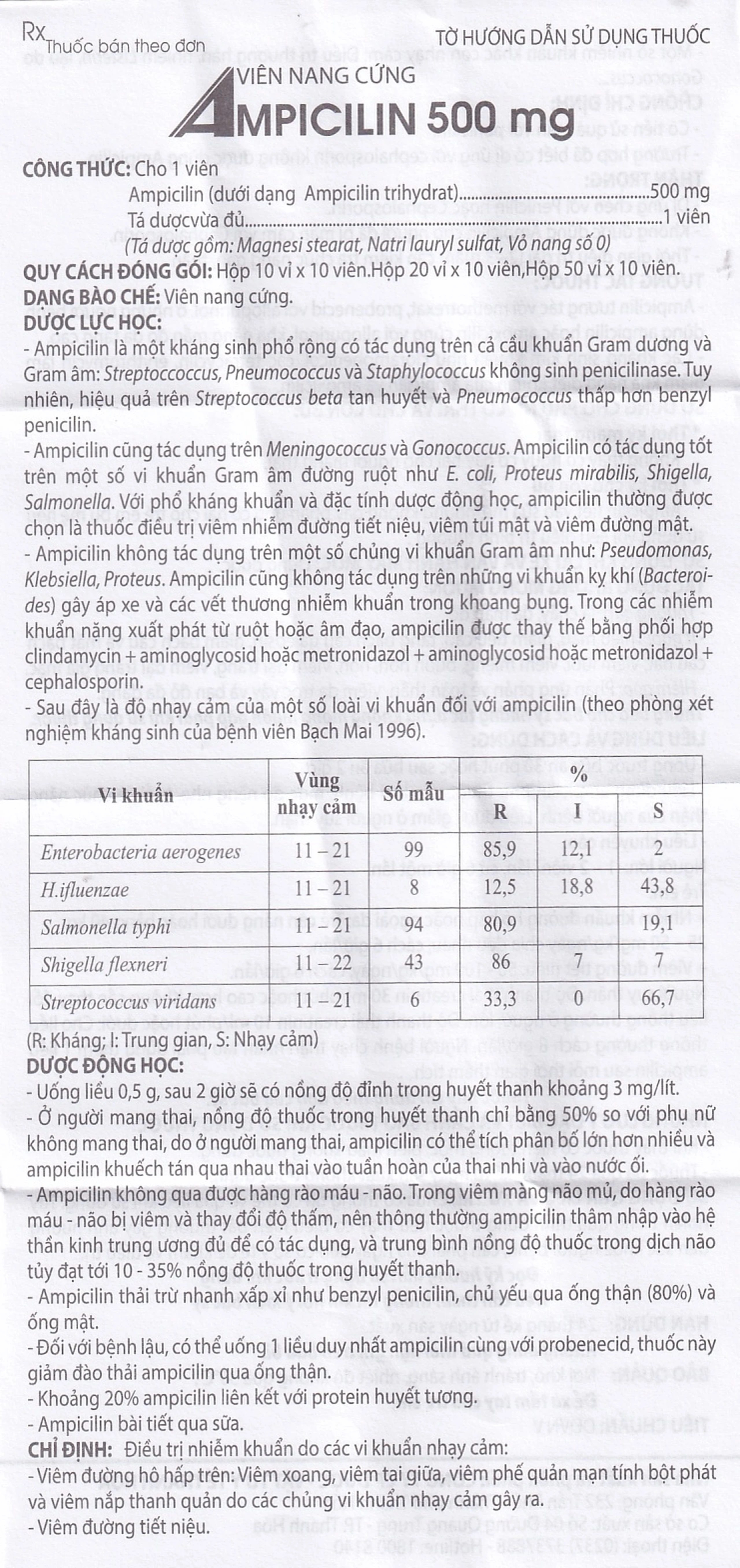 Thuốc Ampicilin 500mg Thephaco điều trị nhiễm khuẩn (10 vỉ x 10 viên)