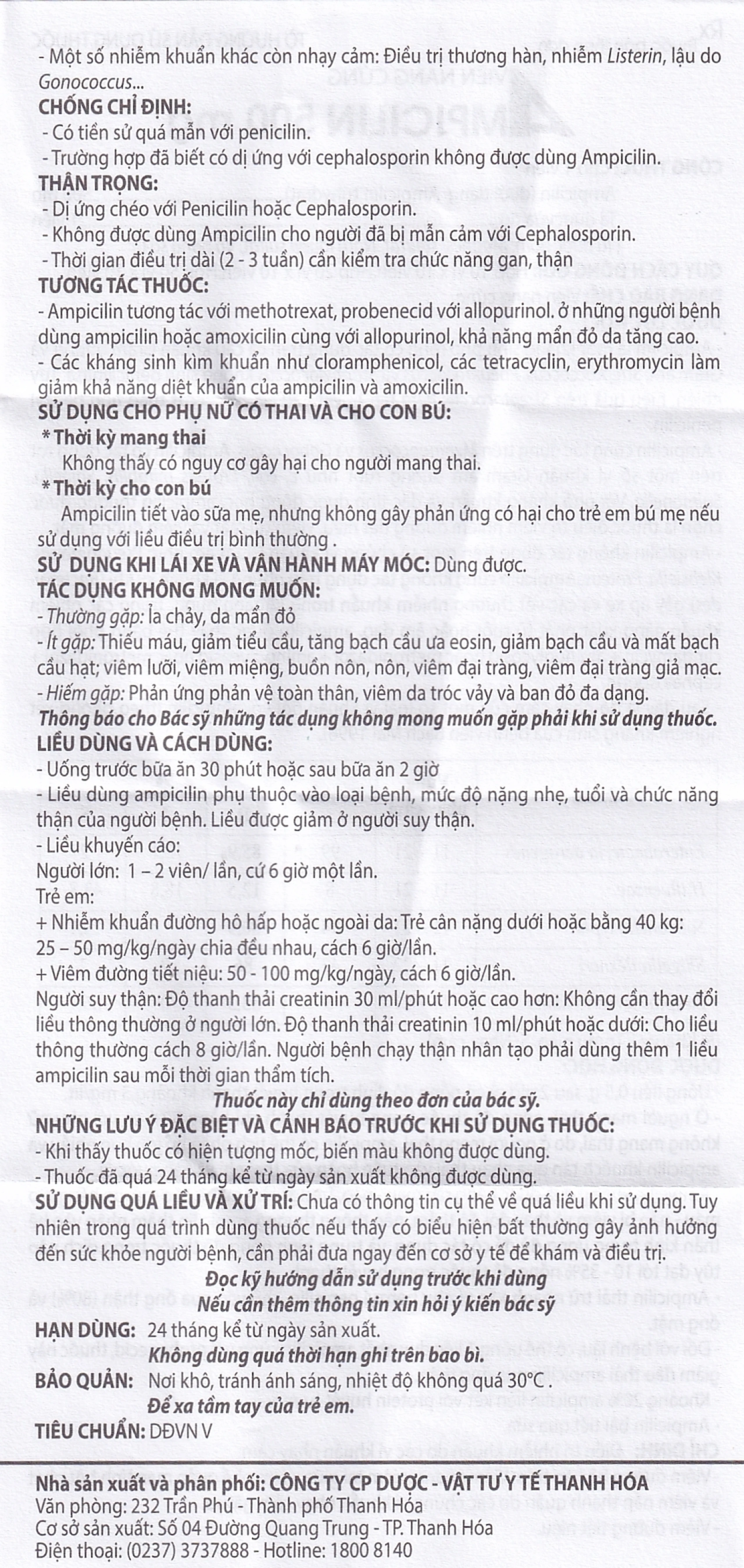 Thuốc Ampicilin 500mg Thephaco điều trị nhiễm khuẩn (10 vỉ x 10 viên)