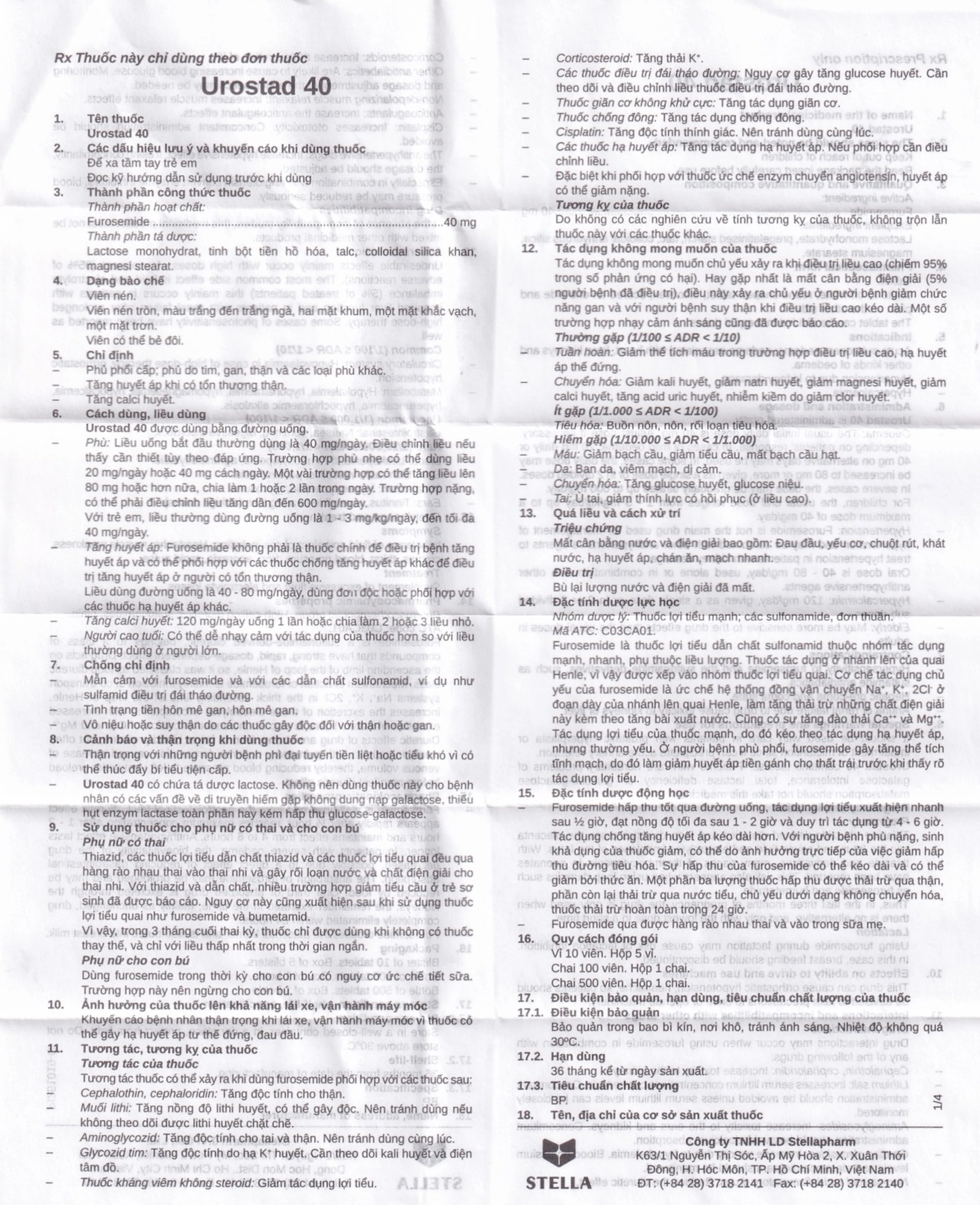 Thuốc Urostad 40 Stella điều trị phù phổi cấp (5 vỉ x 10 viên)
