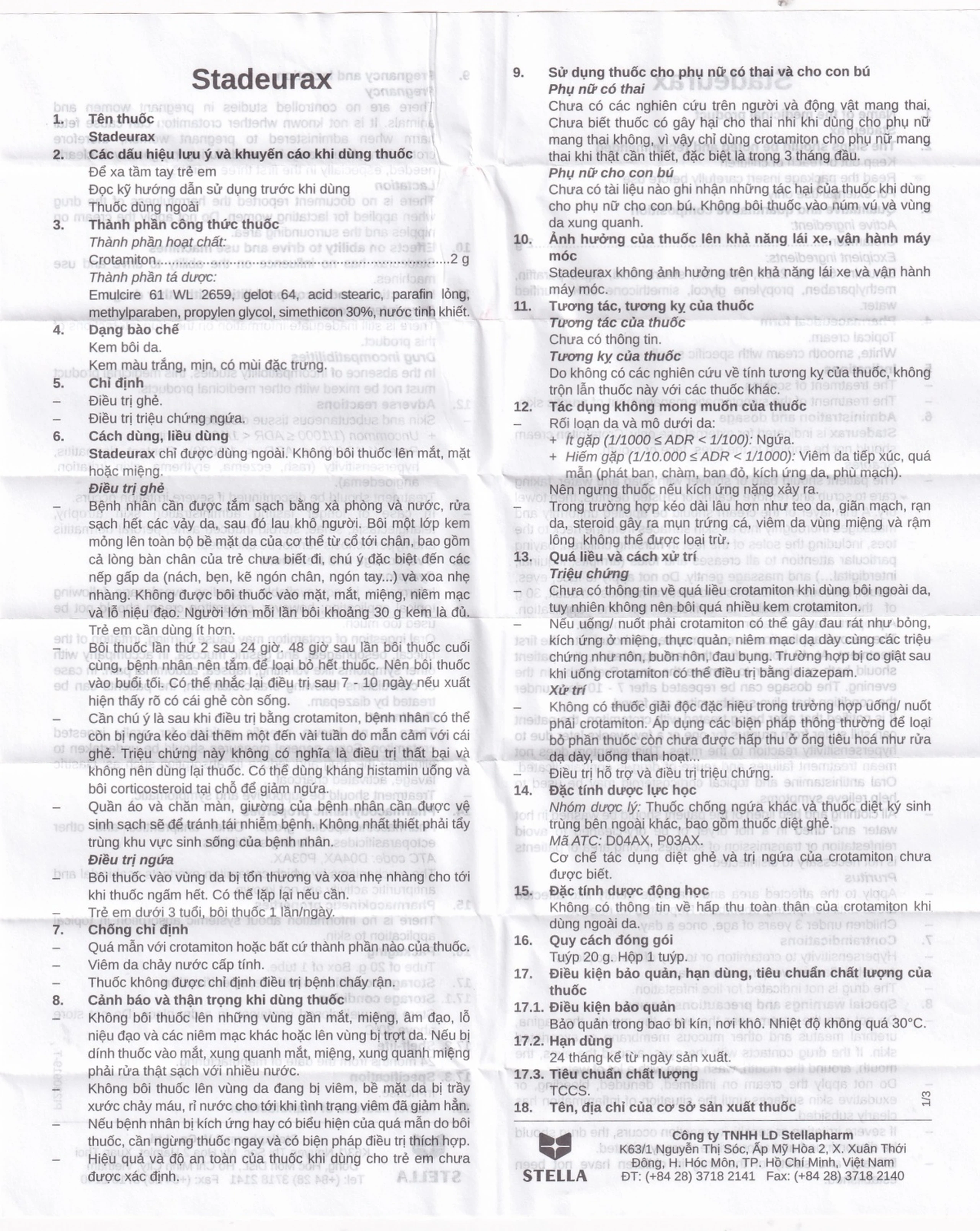 Kem bôi da Stadeurax Stella điều trị ghẻ, triệu chứng ngứa (20g)