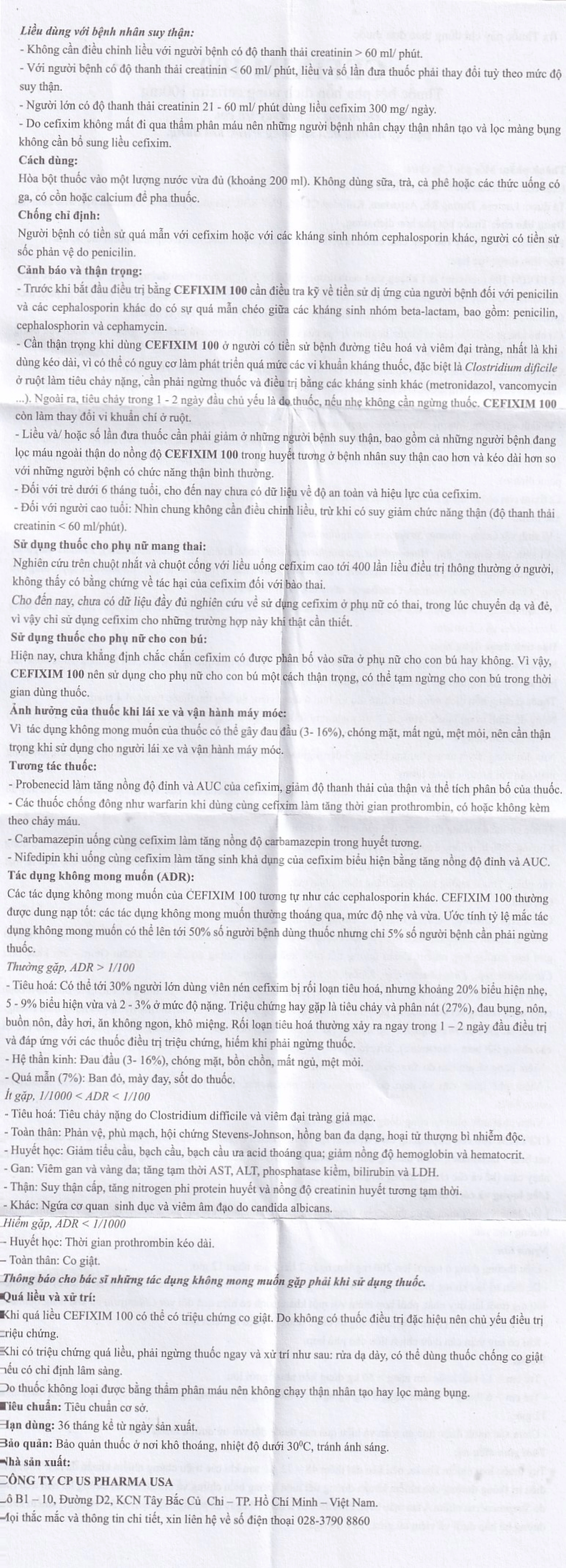 Bột pha hỗn dịch uống Cefixim 100 USP điều trị nhiễm khuẩn (10 gói x 1.5g)