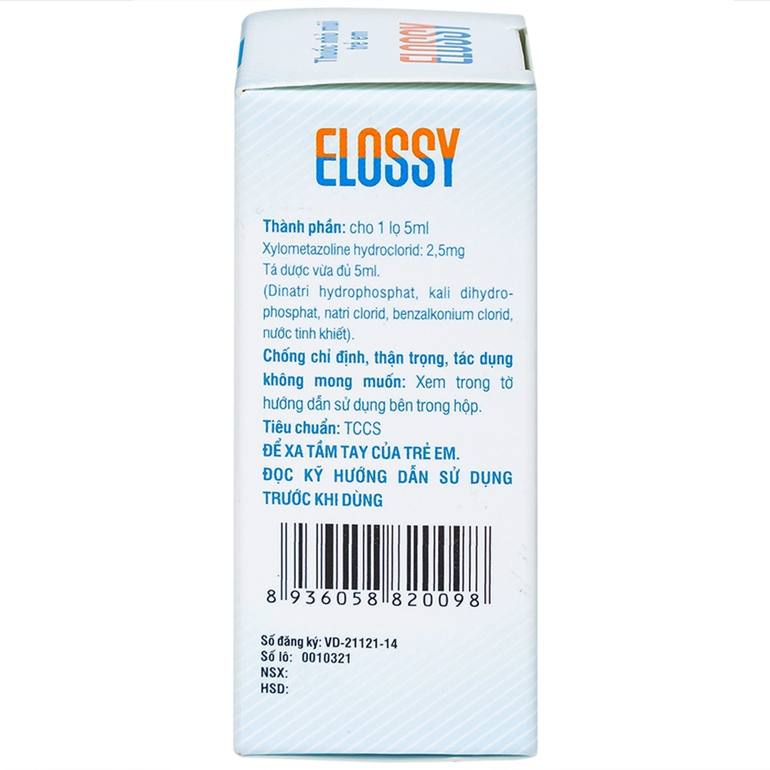 Thuốc nhỏ mũi trẻ em Elossy 0.05% điều trị ngạt mũi, viêm mũi, viêm xoang (5ml)