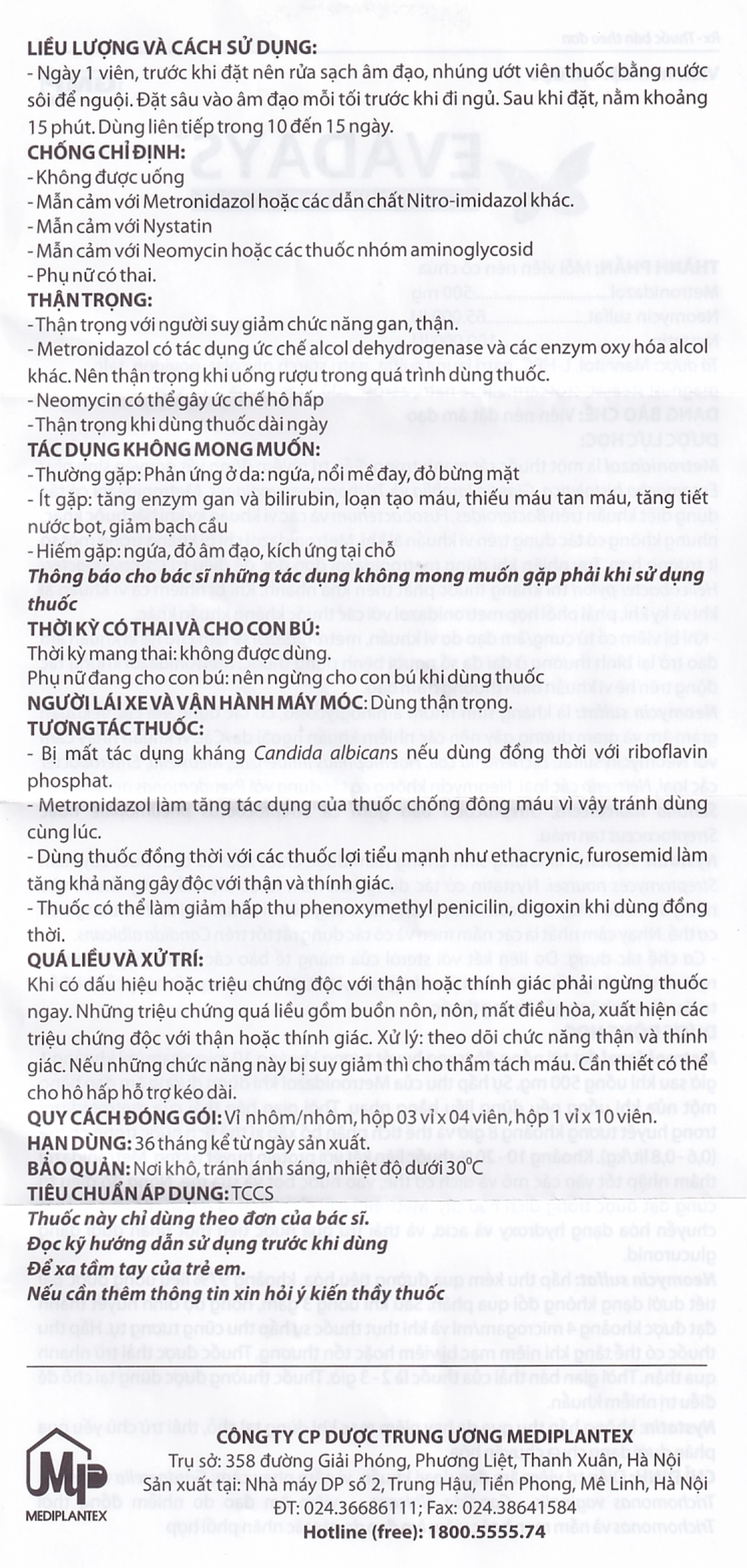 Thuốc Evadays Vaginal 500mg Mediplantex điều trị viêm âm đạo (1 vỉ x 10 viên)